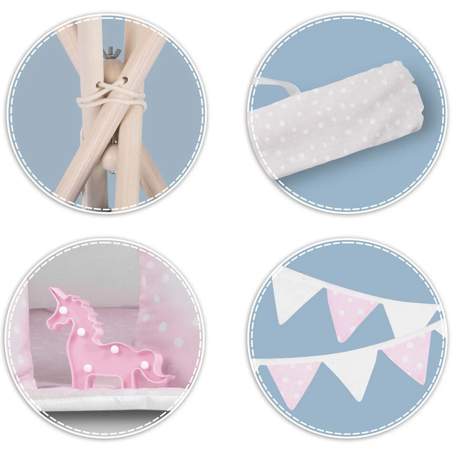 Vaikiška tipi palapinė su lemputėmis - rožinė su taškeliais - nuotrauka 1