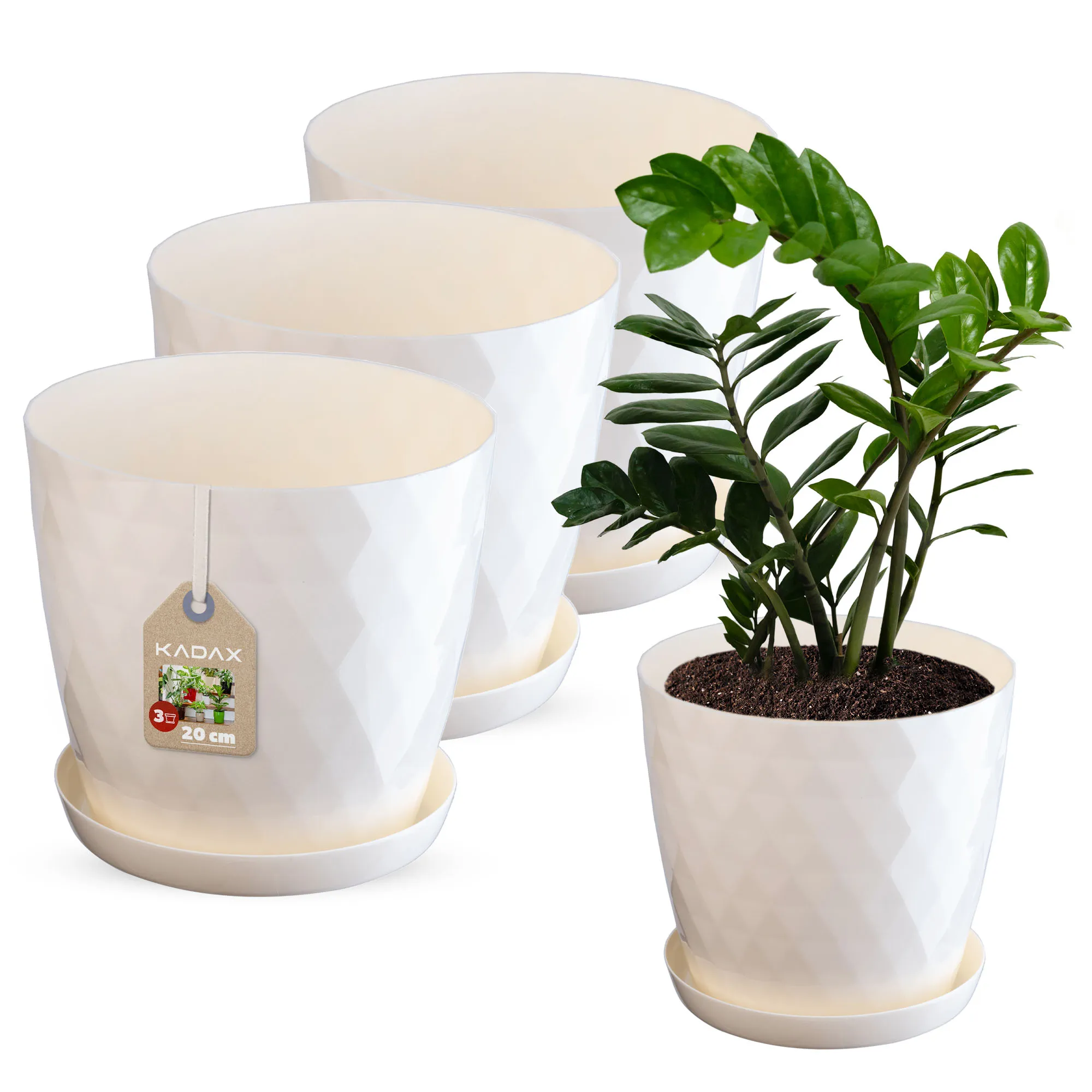 Gėlių vazonas su lėkštute kreminės spalvos Amily 20 cm, 3 vnt.