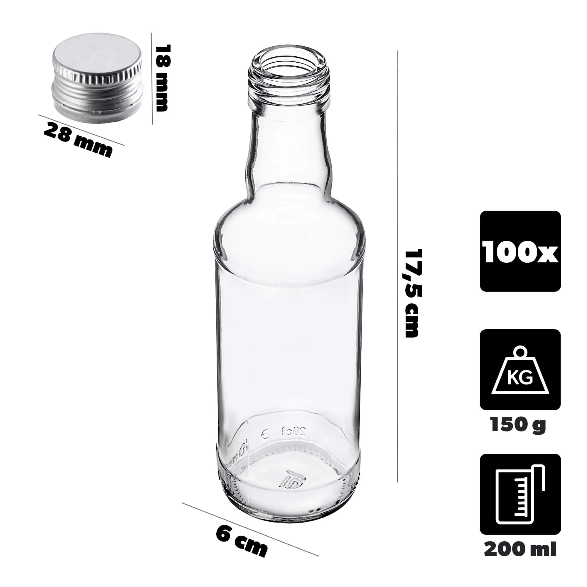 Monopol stikliniai buteliukai 200 ml su sidabriniu dangteliu, 100 vnt.