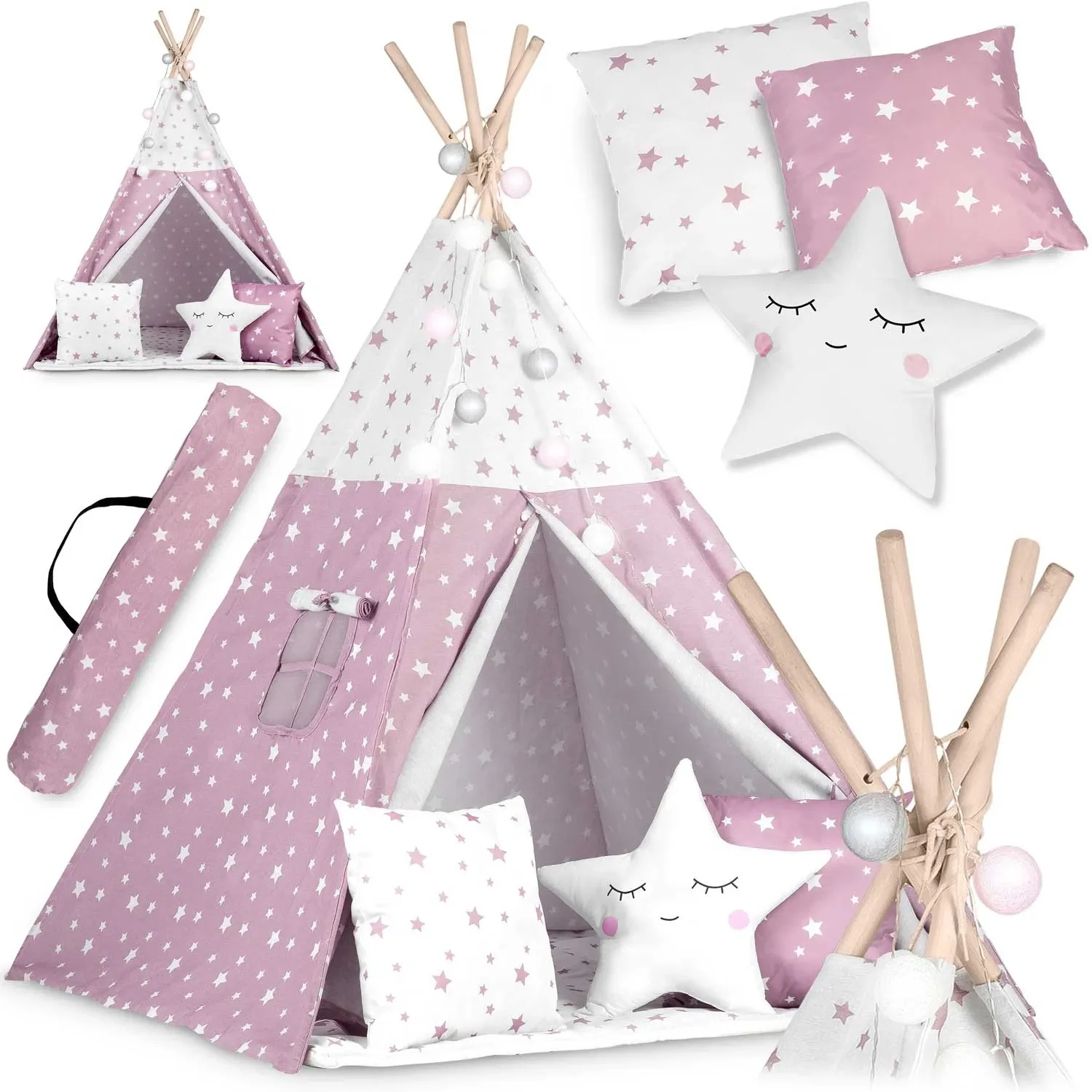 „Nukido Teepee“ palapinė su švieselėmis vaikams – rožinė su žvaigždėmis - nuotrauka 1