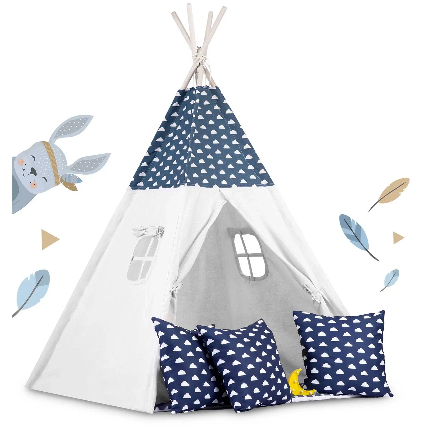 Vaikiška tipi palapinė su girlianda ir lemputėmis - tamsiai mėlyna su debesėliais - nuotrauka 1