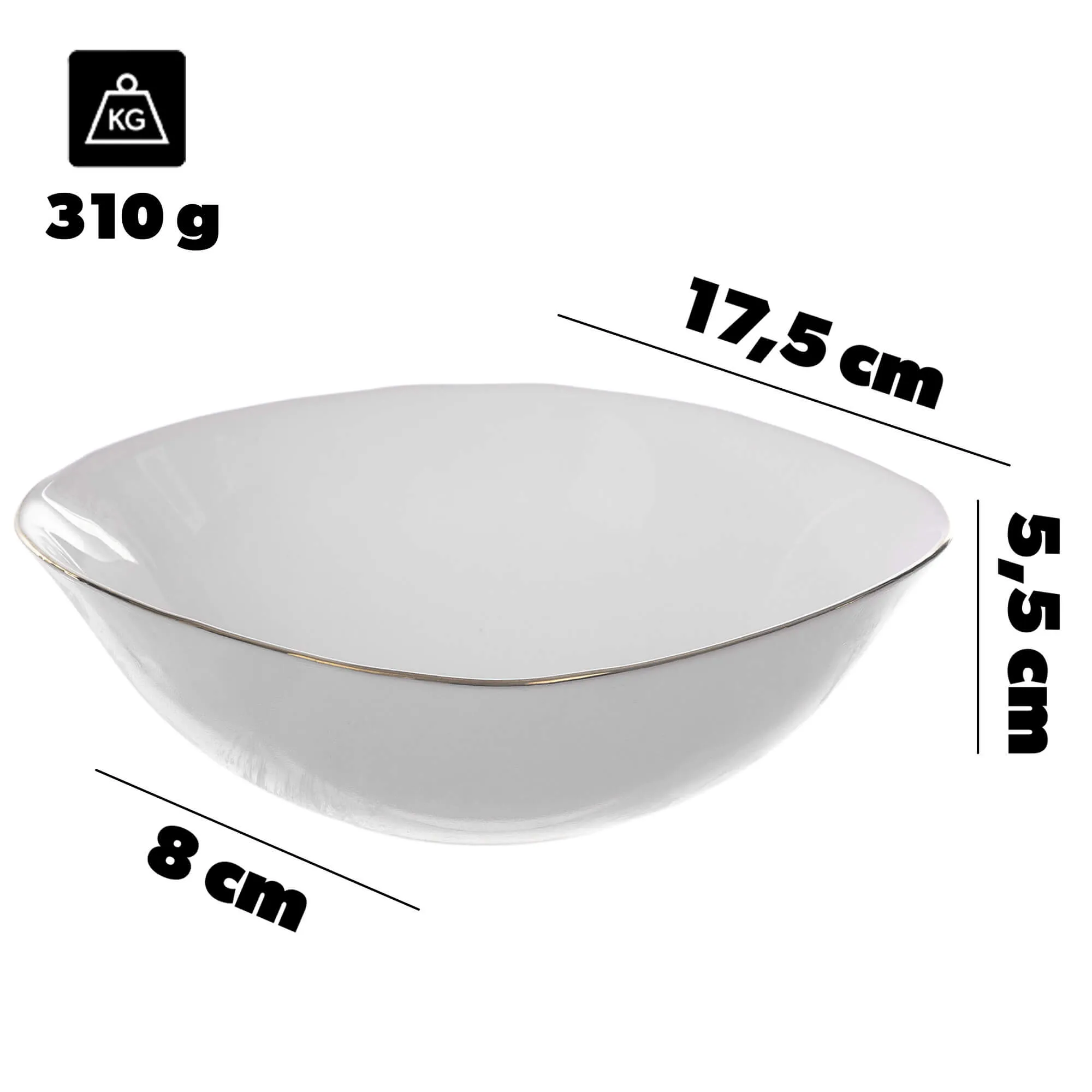 Gullo stiklinis salotų dubuo 18 cm, baltas su auksiniu kraštu, 1 vnt.