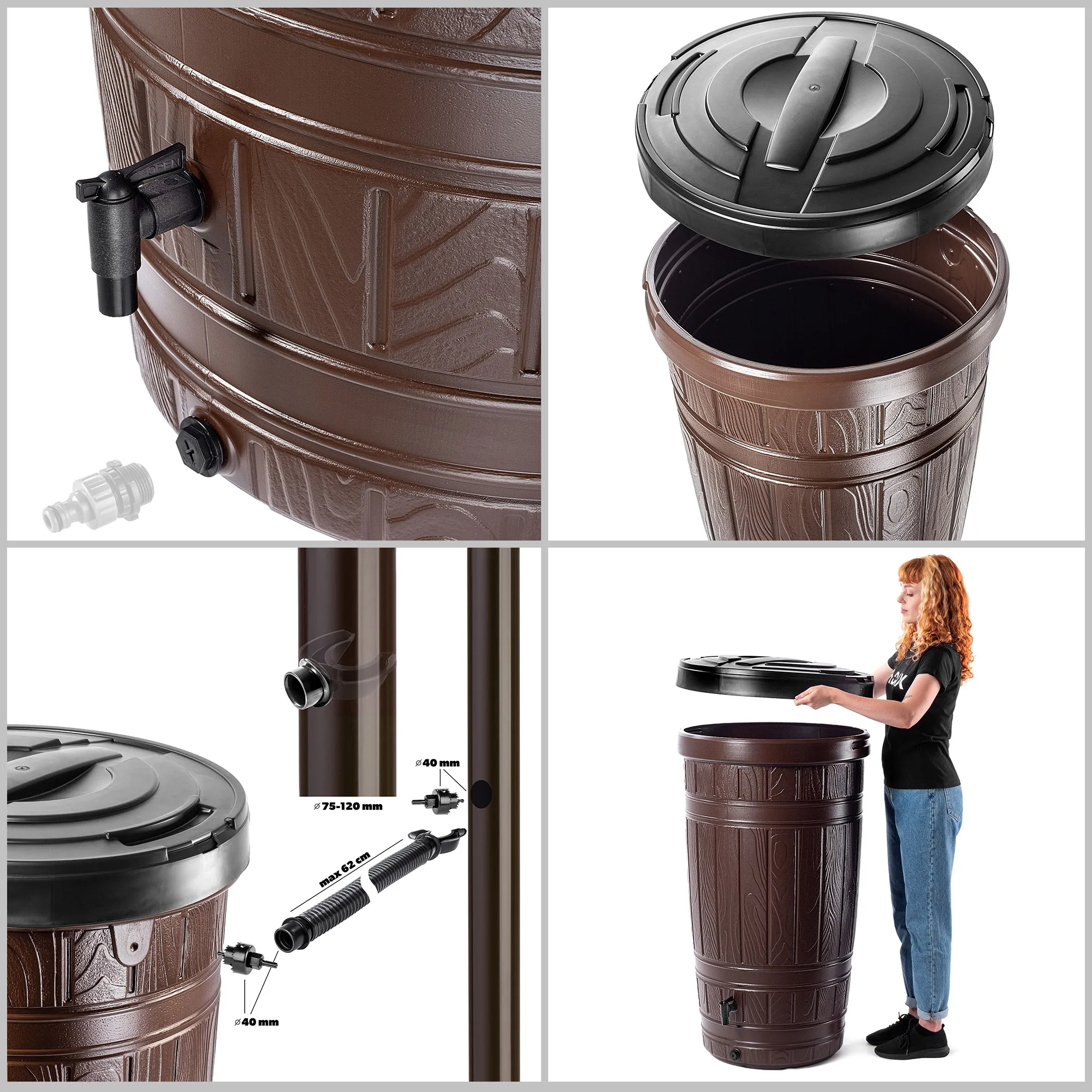 Onigo 265 l lietaus vandens bakas + prijungimo komplektas, rudas
