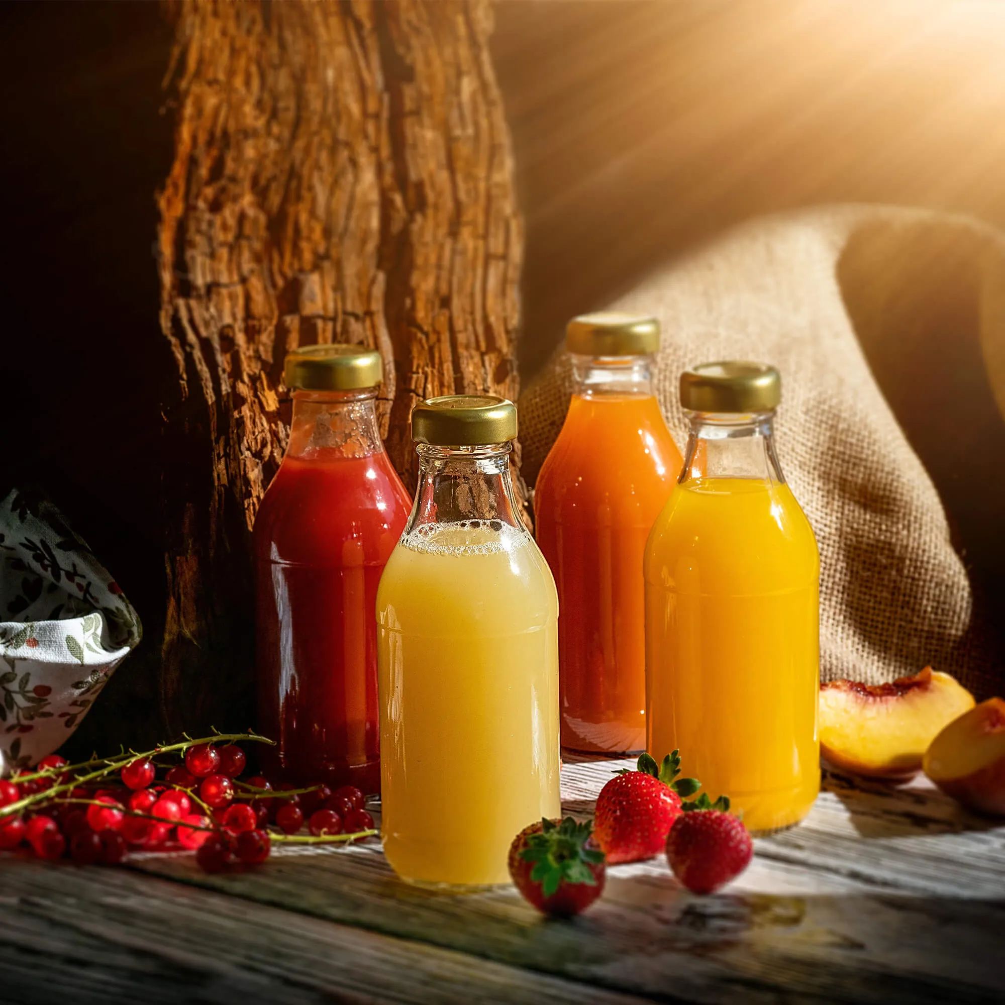 Potelle stikliniai sulčių buteliai 0,33 l su auksiniu dangteliu, 10 vnt.