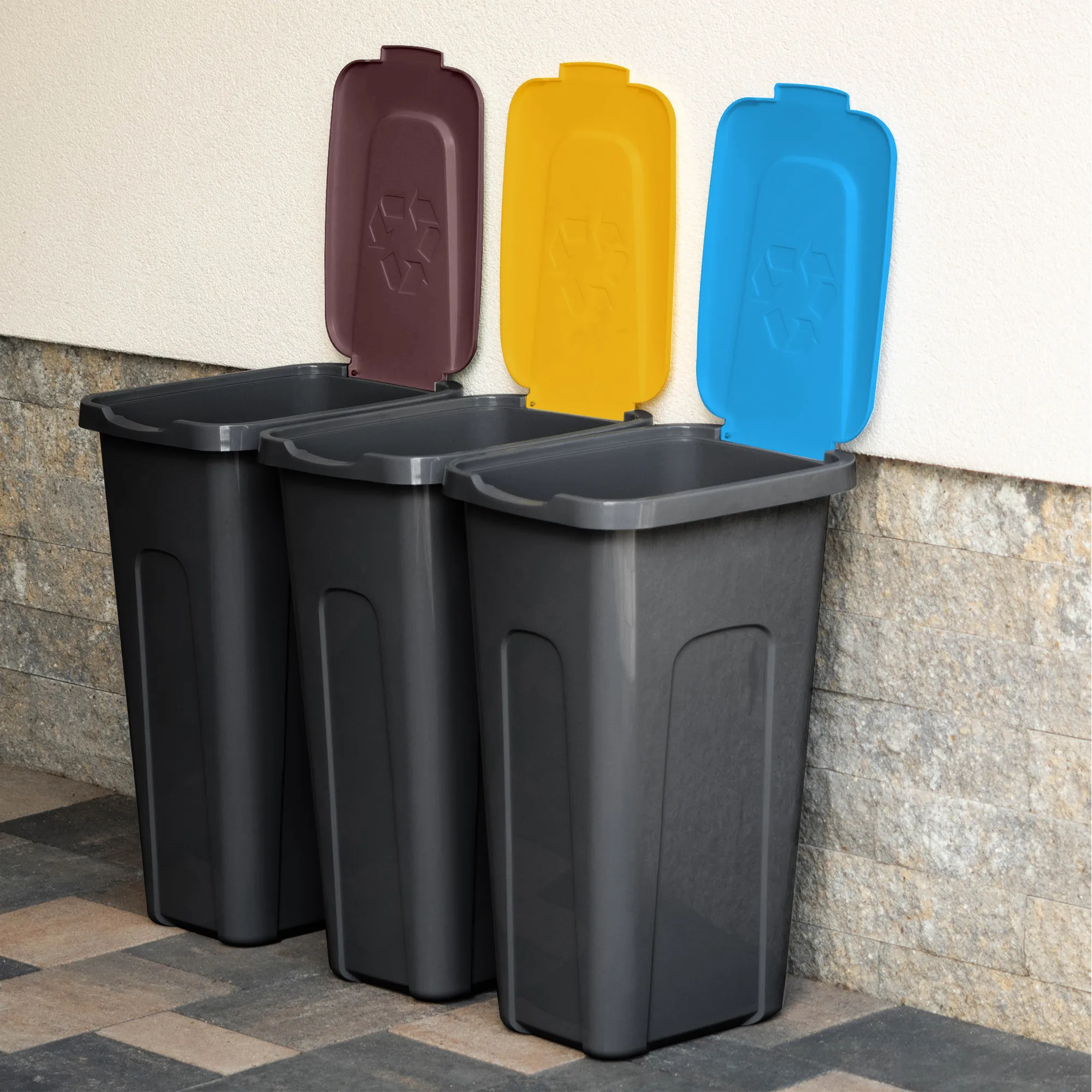 „Entrago“ 30 l šiukšliadėžių komplektas rudas, mėlynas, geltonas