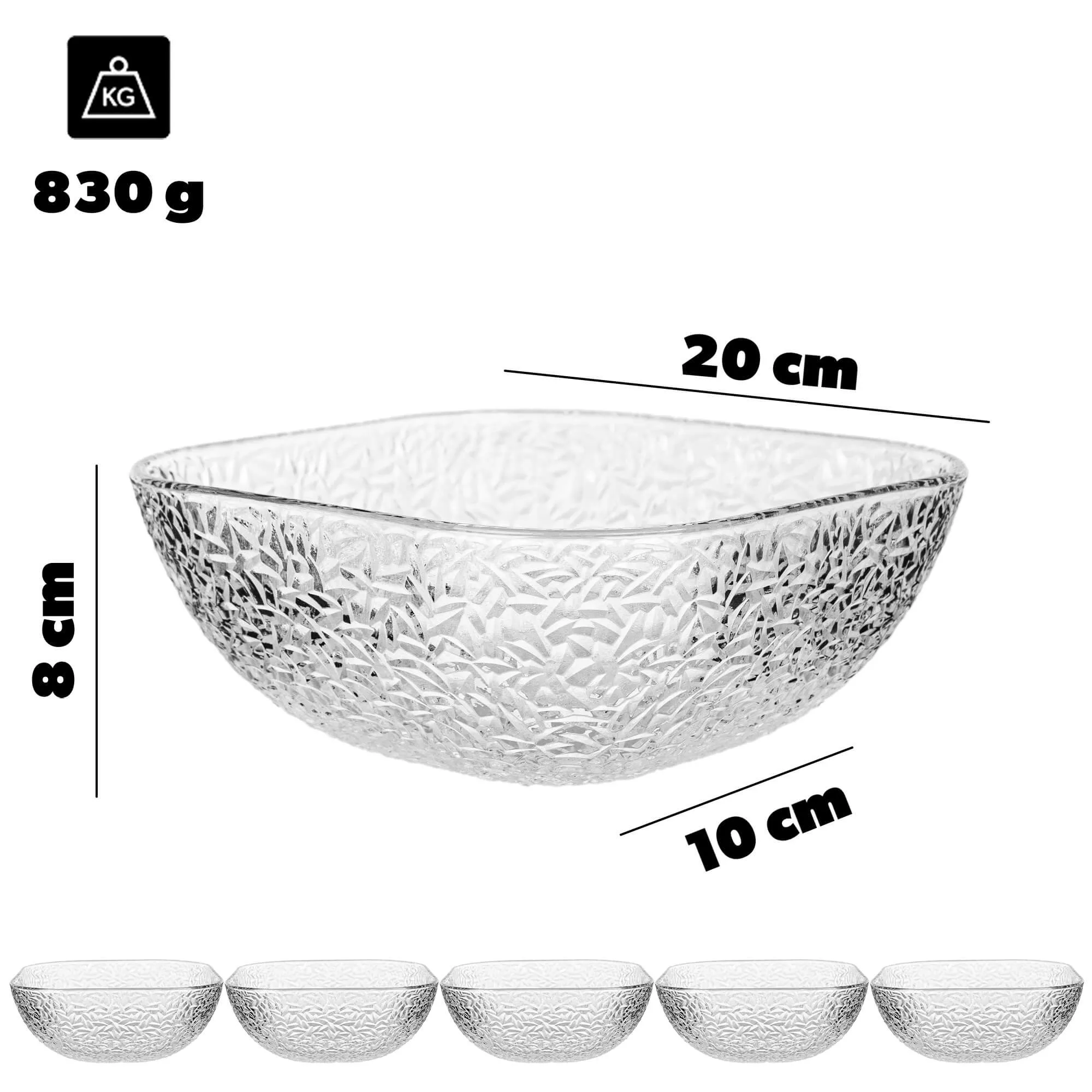 Venosa stikliniai salotų dubenėliai, 20 cm, su ledo raštu, 6 vnt.