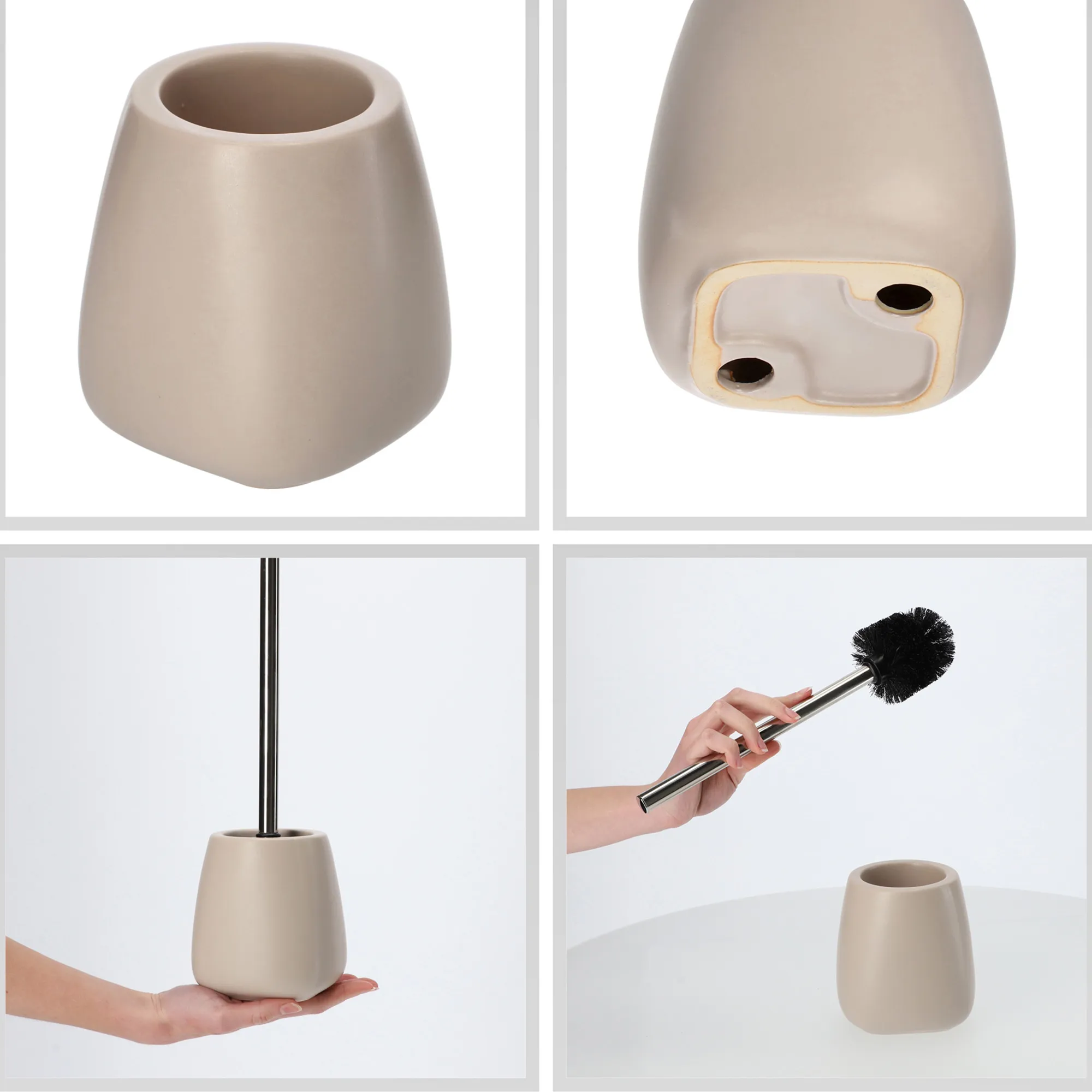 Vonios kambario komplektas: tualetinis šepetys + puodelis + dozatorius, smėlio spalvos