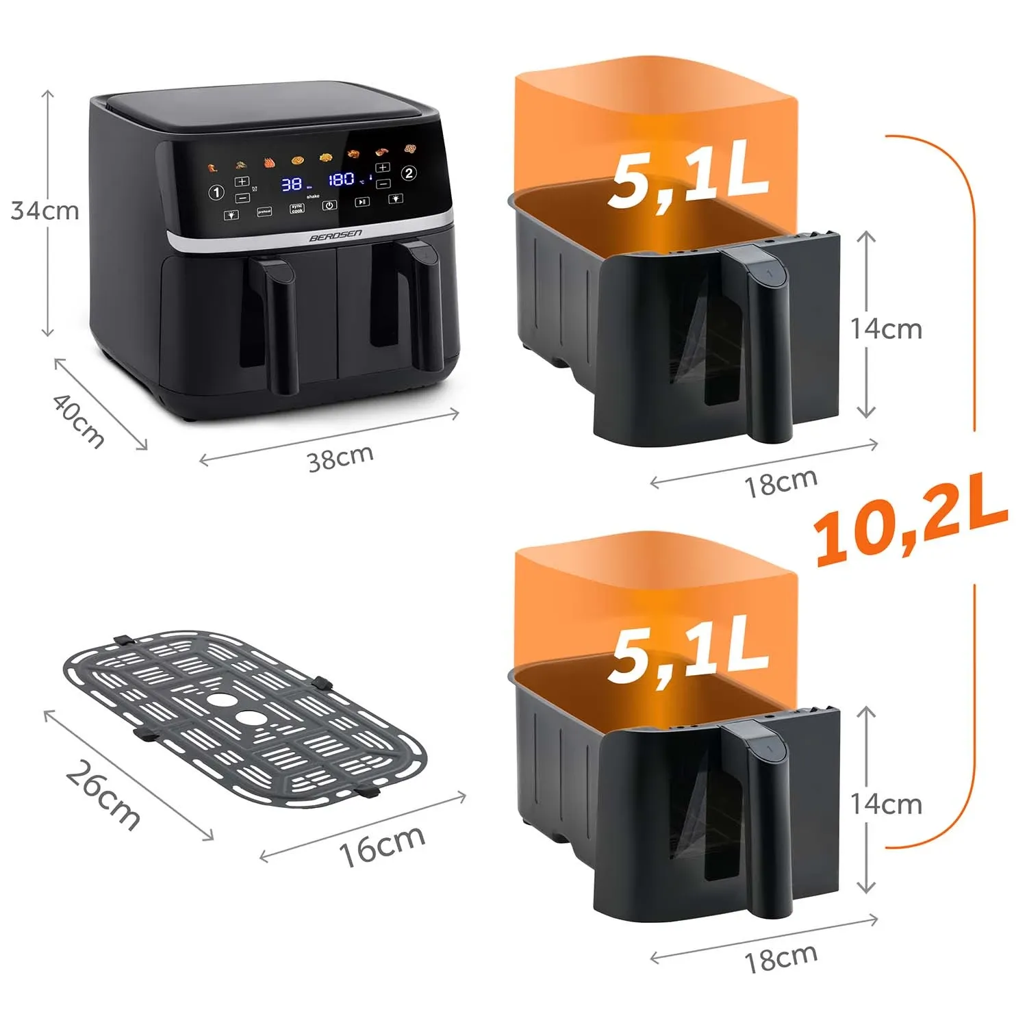 Didelė oro gruzdintuvė 10,2 l, XL dvigubos kameros, Berdsen BD-657, 1700 W, juoda - nuotrauka 1