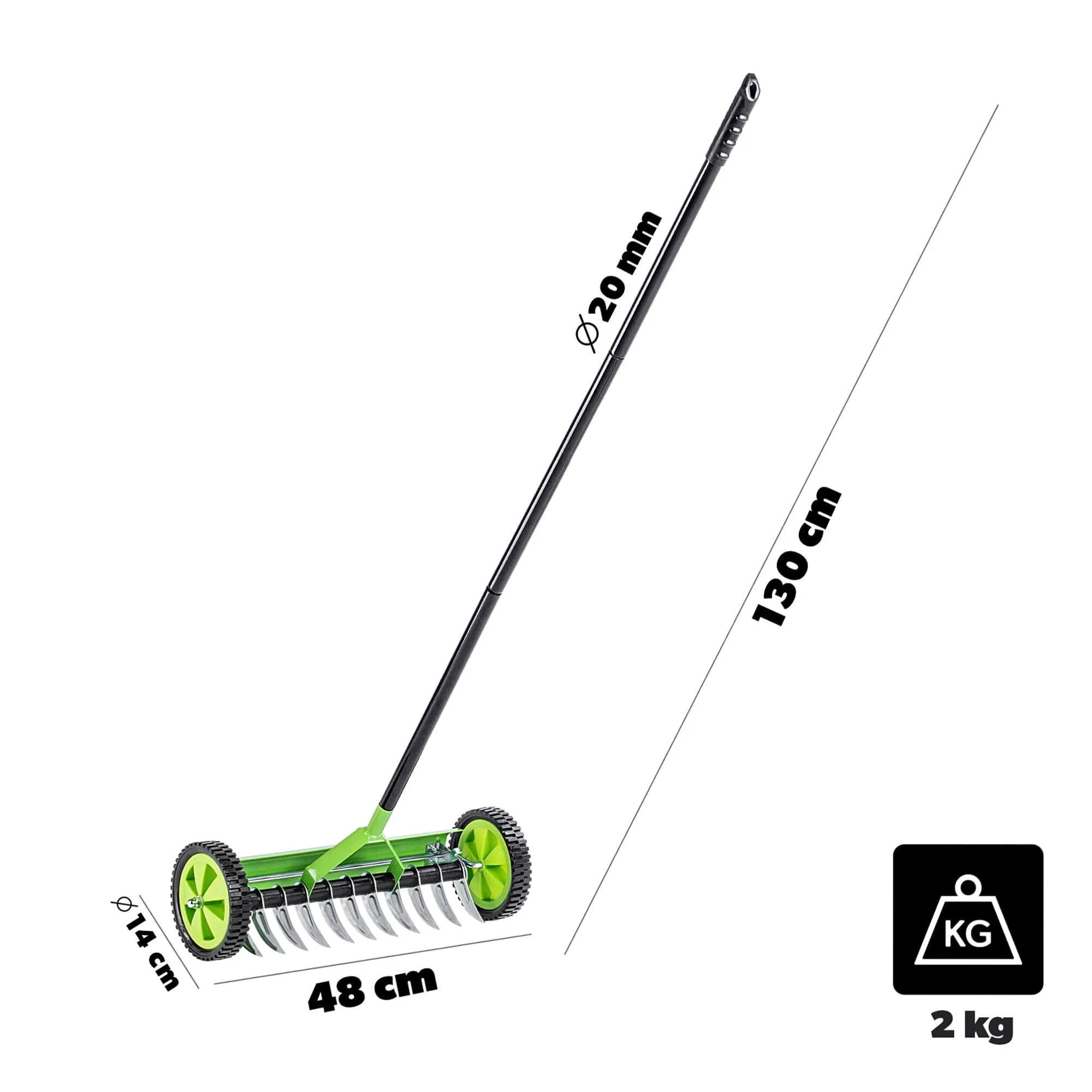 Rovigo vienpusis rankinis vejos aeratorius ant ratukų, 130 x 48 cm, žalias