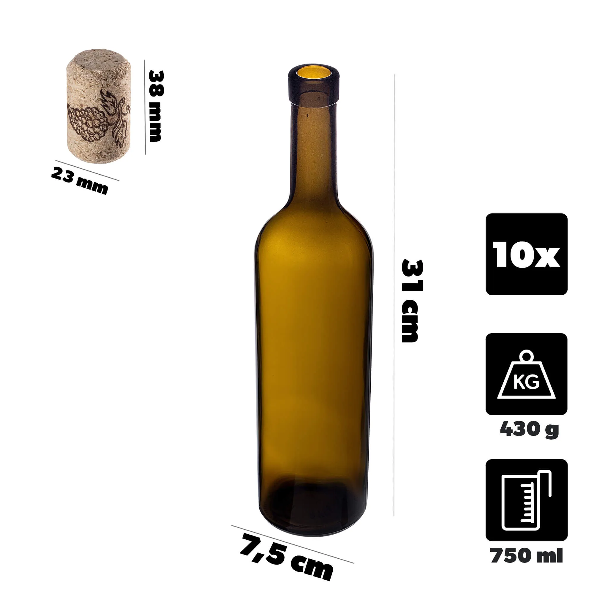 Biagio vyno buteliai 750 ml alyvuogių spalvos su aglomeruotu kamščiu 10 vnt.