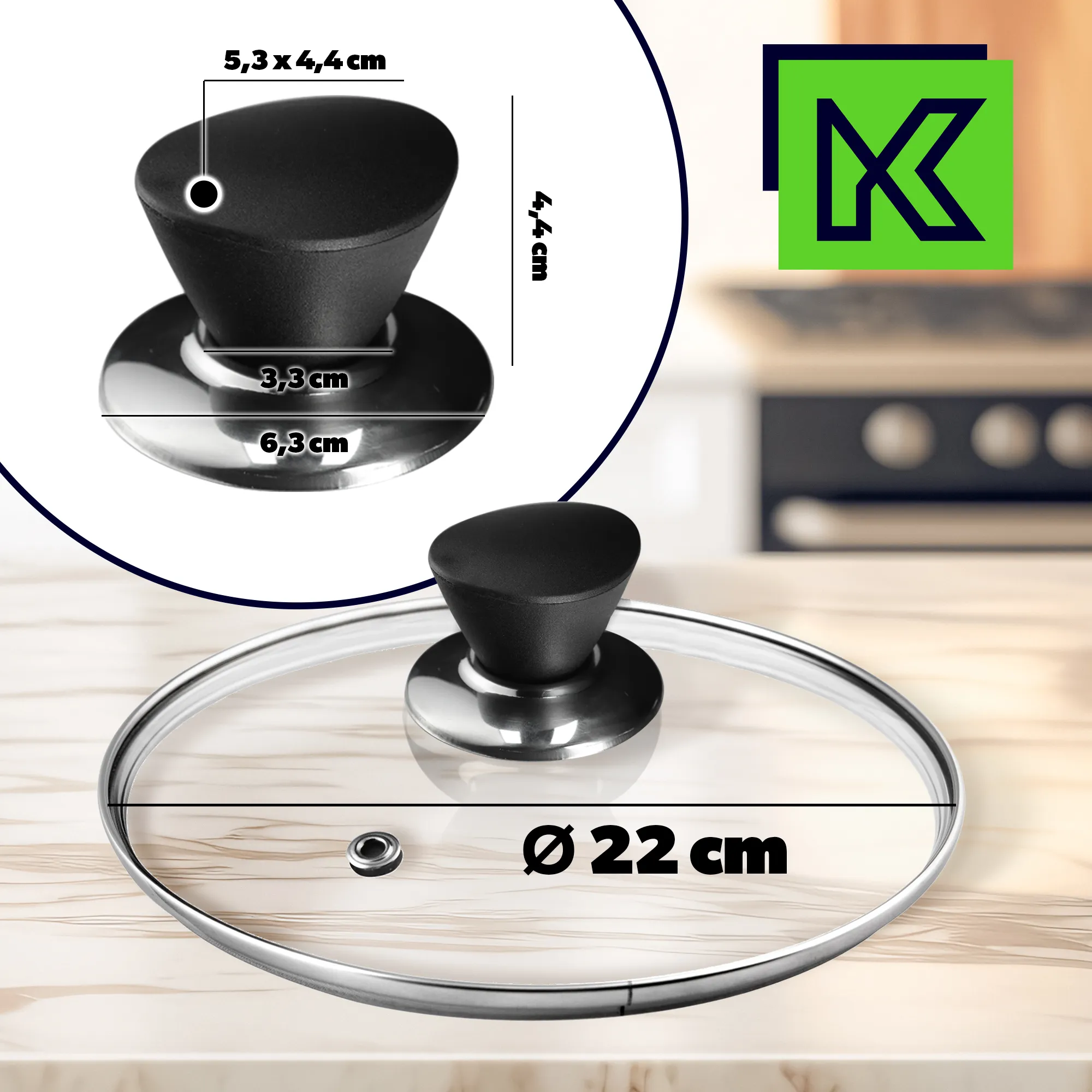 Taranto 22 cm orkaitėje atsparus dangtis su juoda rankena