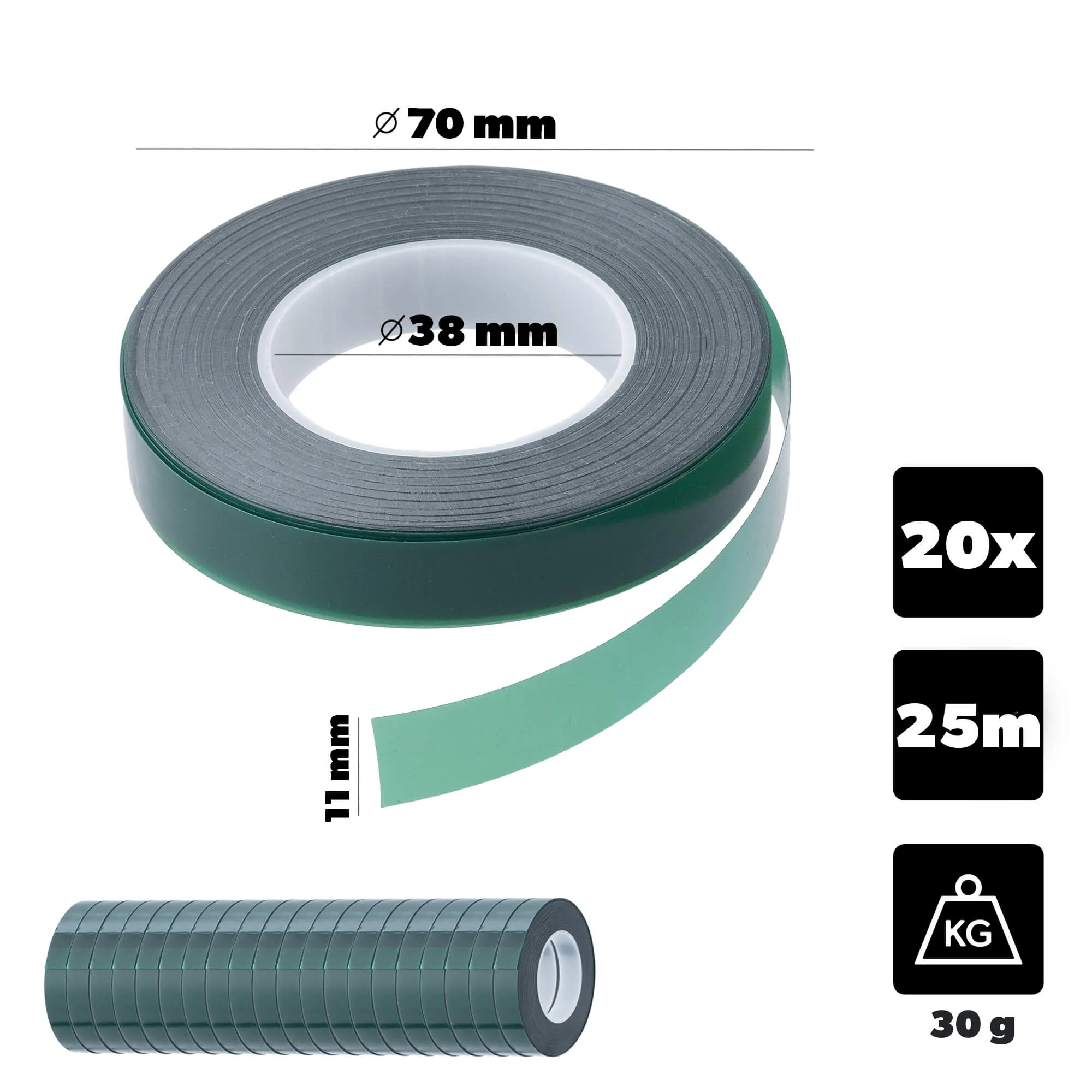 Larret sodo segiklio juostų rinkinys, 11 mm x 25 m, žalios, 20 vnt.