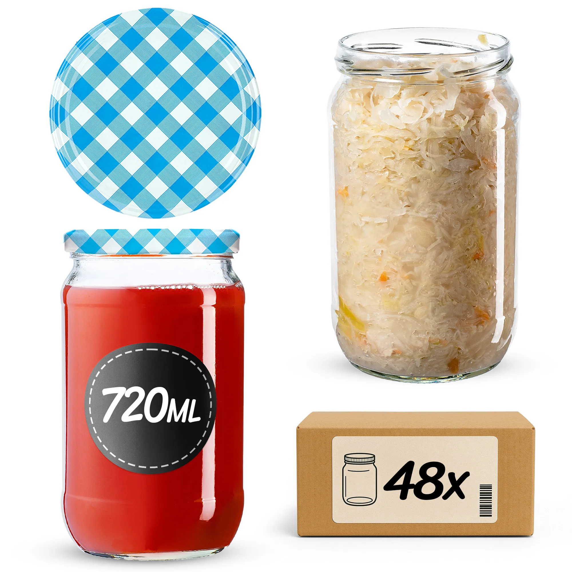 Niva konservavimo stiklainiai 720 ml, 48 vnt., 82 mm + mėlyni tinklelio dangteliai