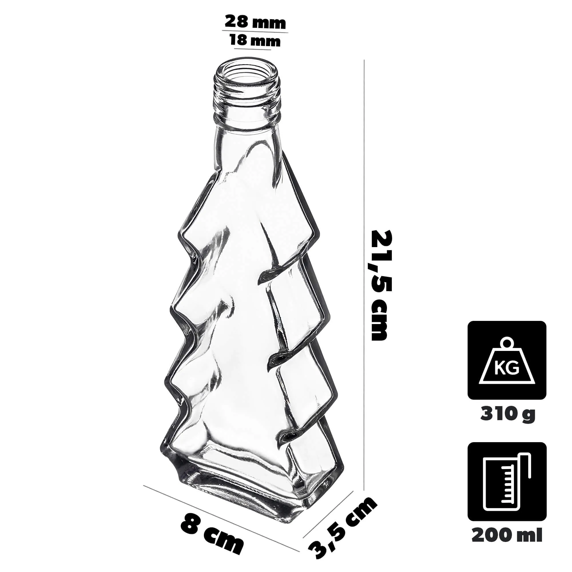 Enna kalėdinės eglutės formos stikliniai buteliukai 200 ml su baltu dangteliu 10 vnt.