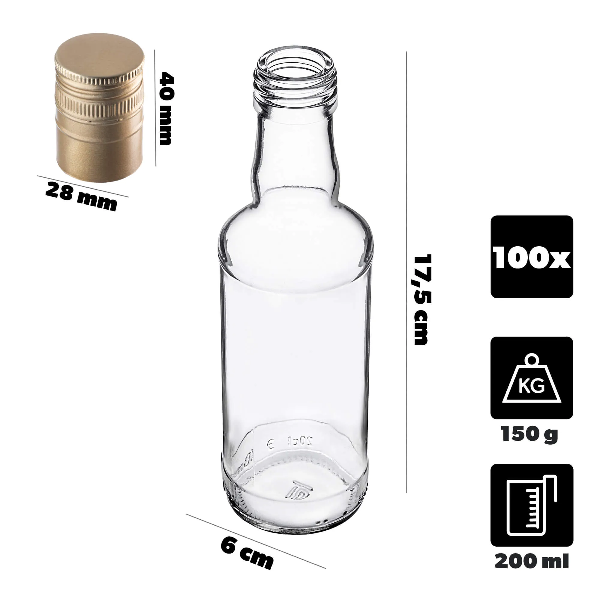 Monopol stikliniai buteliai 200 ml su ilgu auksiniu dangteliu, 100 vnt.