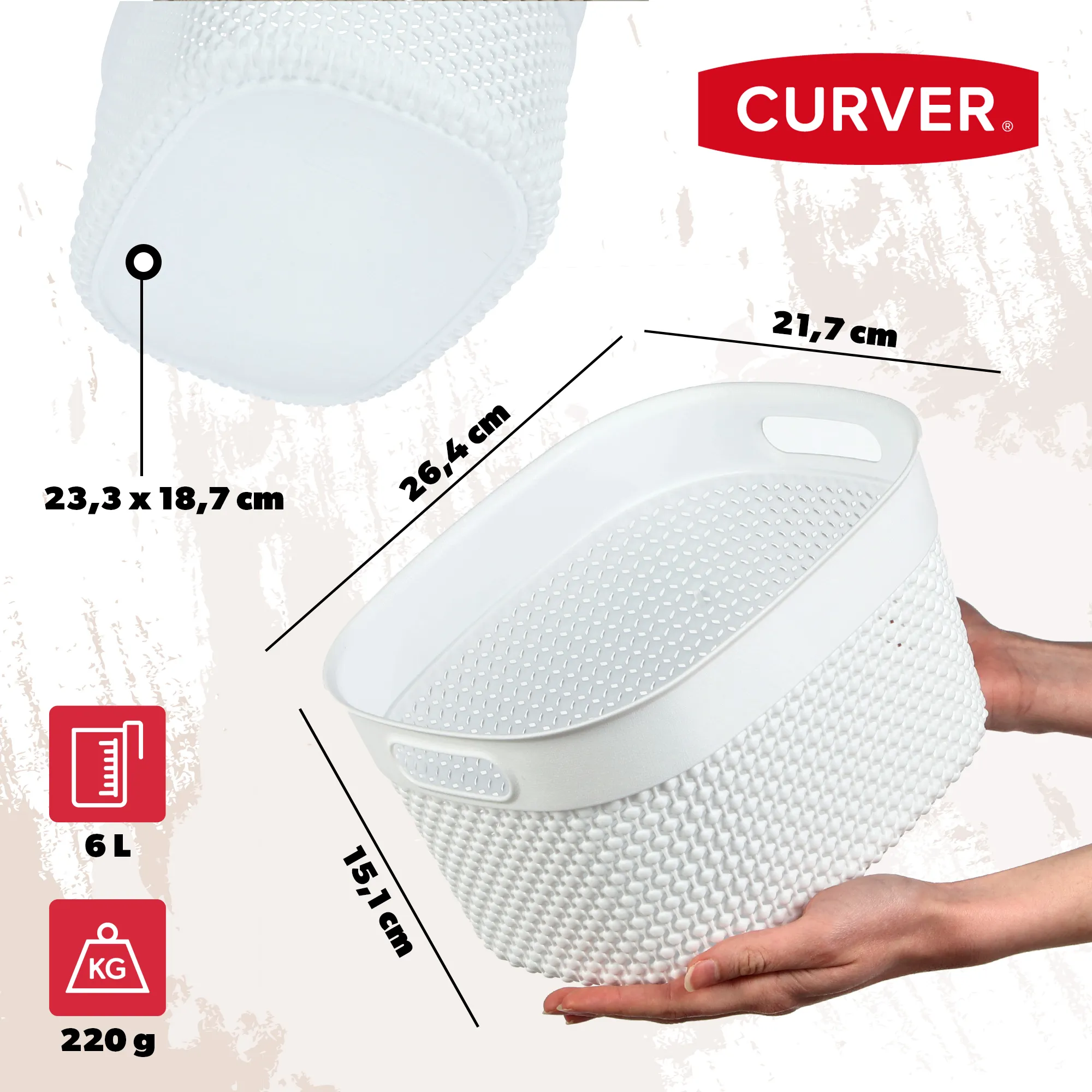 6 l „Curver Filo“ perdirbto stačiakampio formos krepšelis, baltas