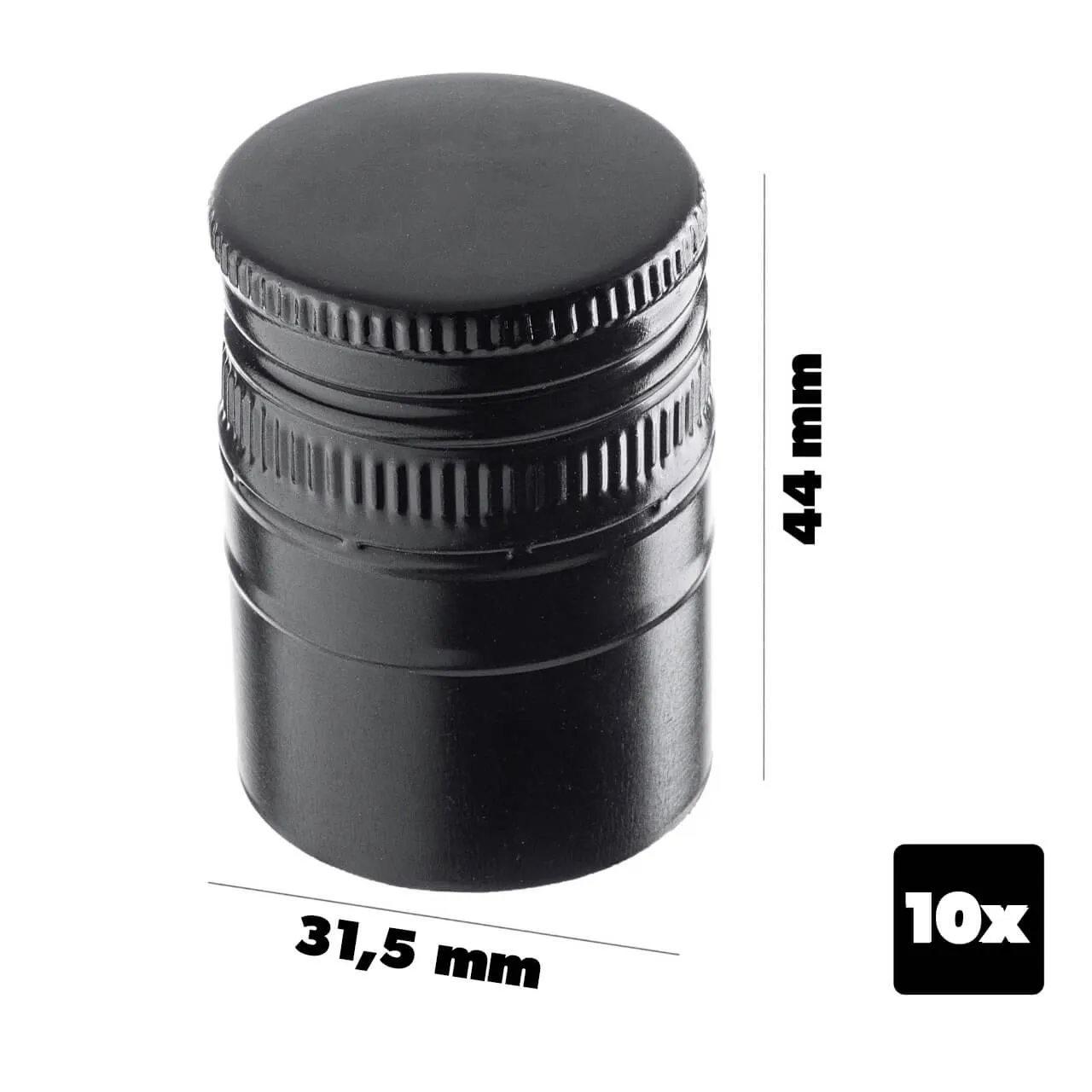 „Annot“ aliumininiai butelių kamšteliai, 31,5 mm skersmens, ilgi, juodi, 10 vnt.