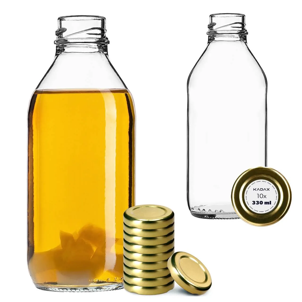 Potelle stikliniai sulčių buteliai 0,33 l su auksiniu dangteliu, 10 vnt.
