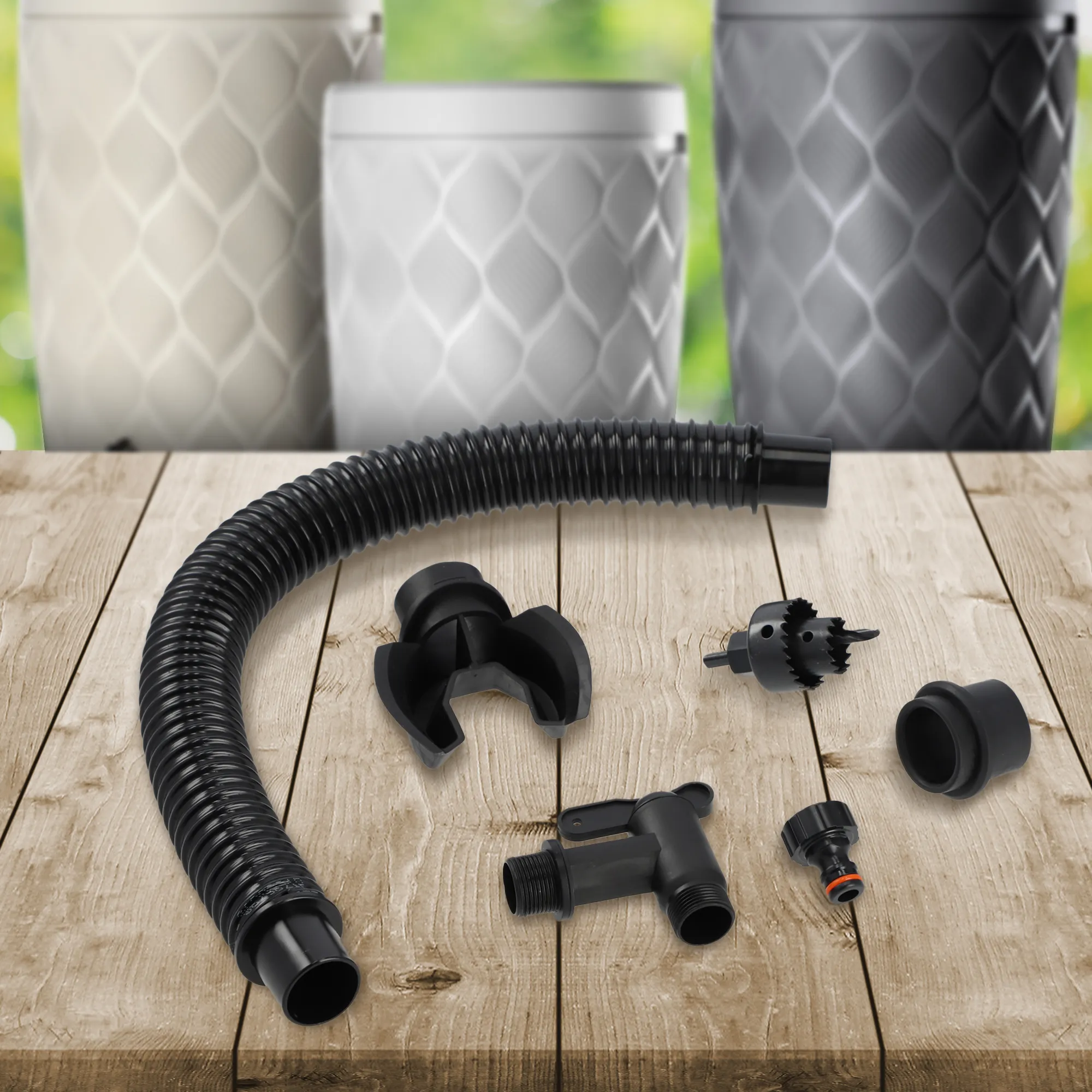 „Reveret“ 240 l lietaus vandens bakas su prijungimo komplektu, rudos bangos