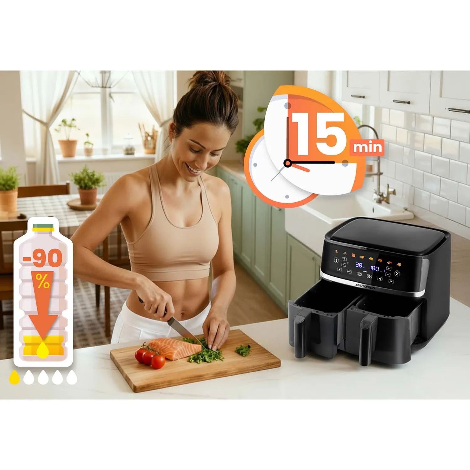 Didelė oro gruzdintuvė 10,2 l, XL dvigubos kameros, Berdsen BD-657, 1700 W, juoda - nuotrauka 1