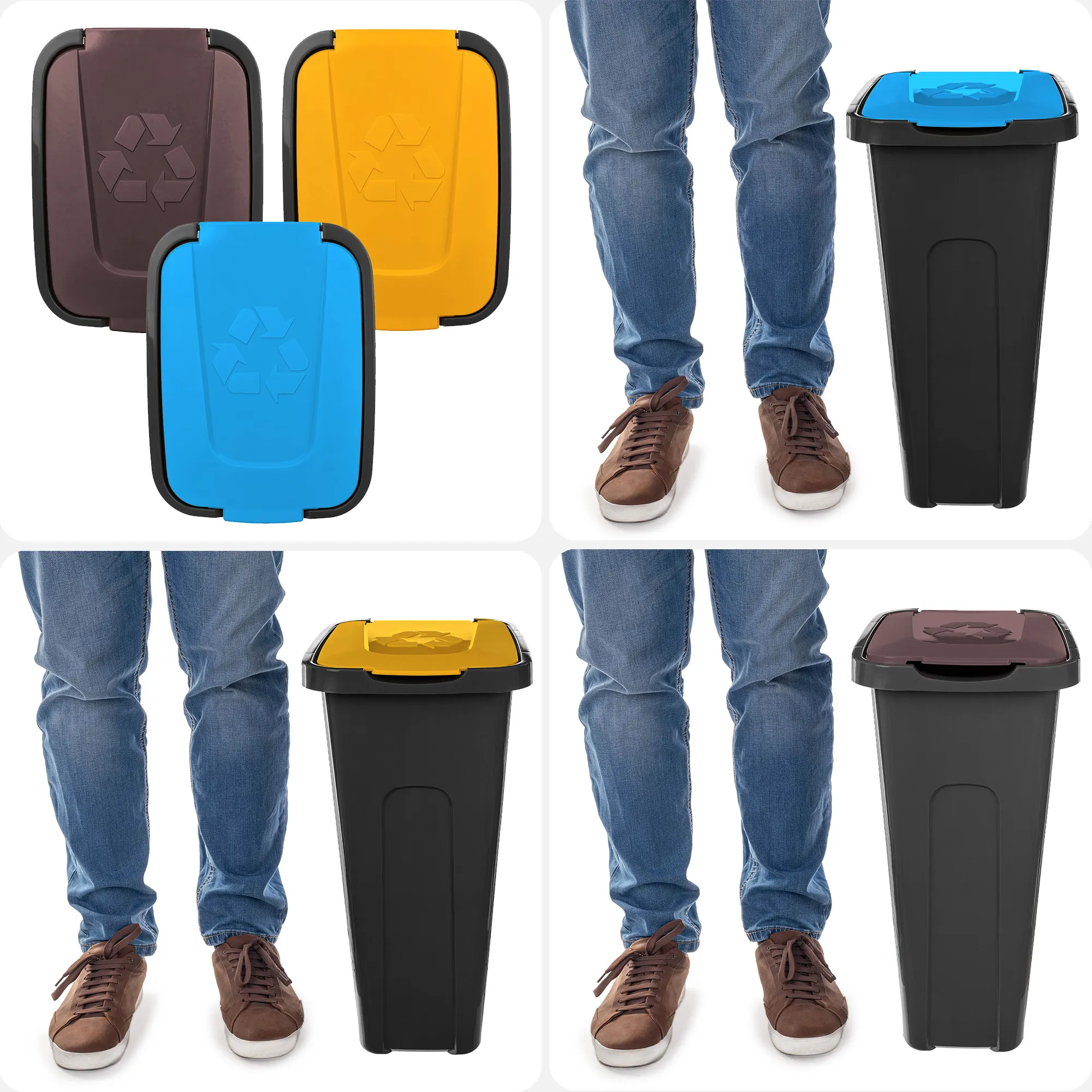 „Entrago“ 30 l šiukšliadėžių komplektas rudas, mėlynas, geltonas