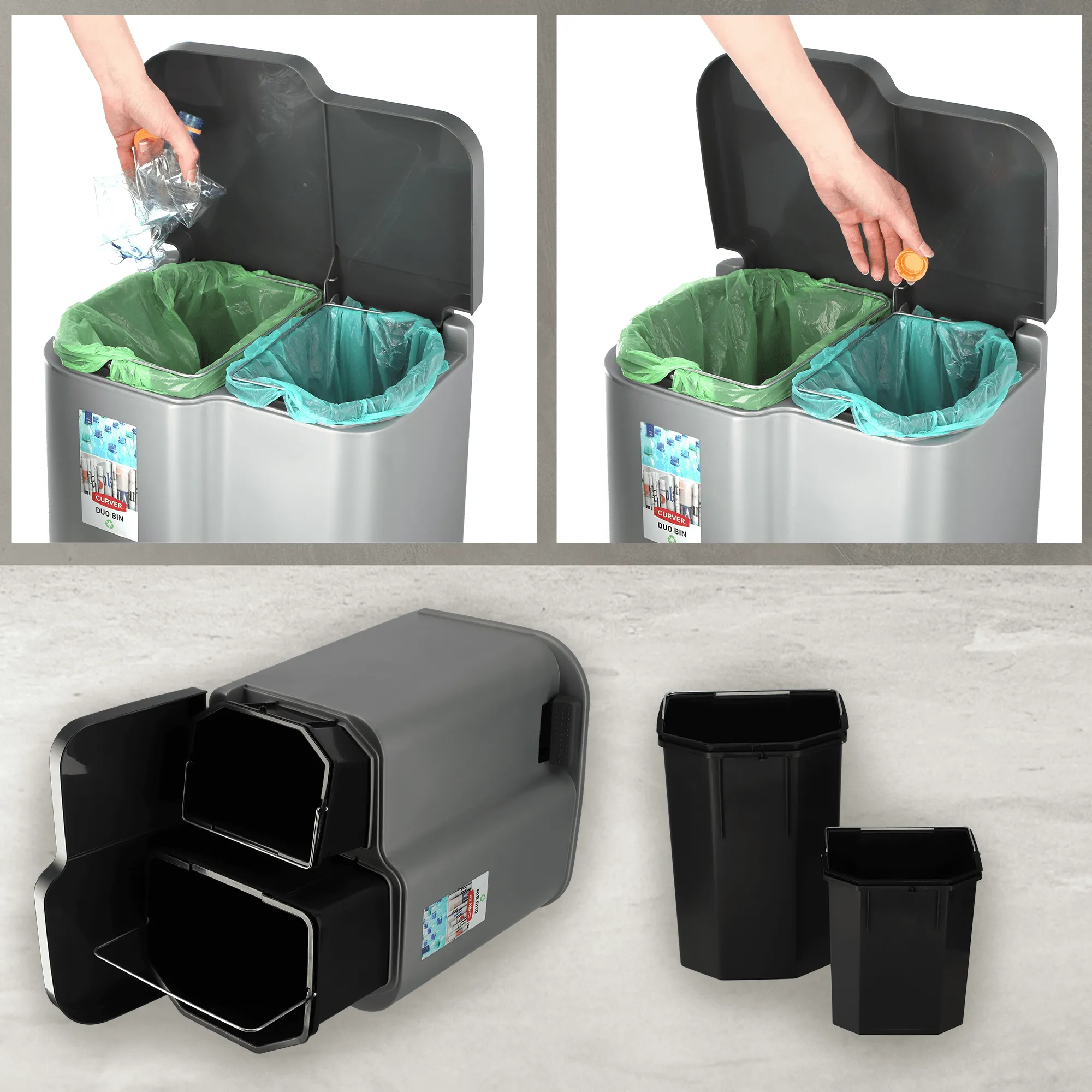 Curver Duo Pedalbin 21L atliekų rūšiavimo dėžė, pilka