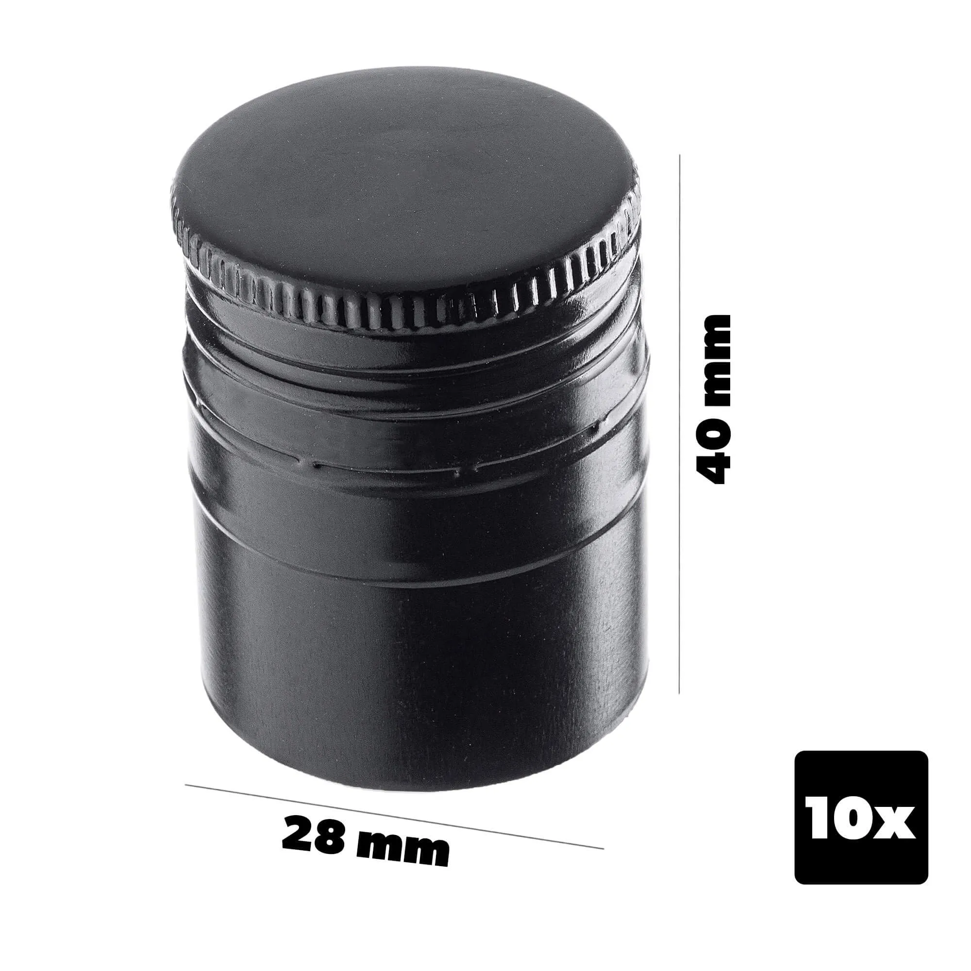 „Annot“ aliumininiai butelių kamšteliai, 28 mm skersmens, ilgi, juodi, 10 vnt.