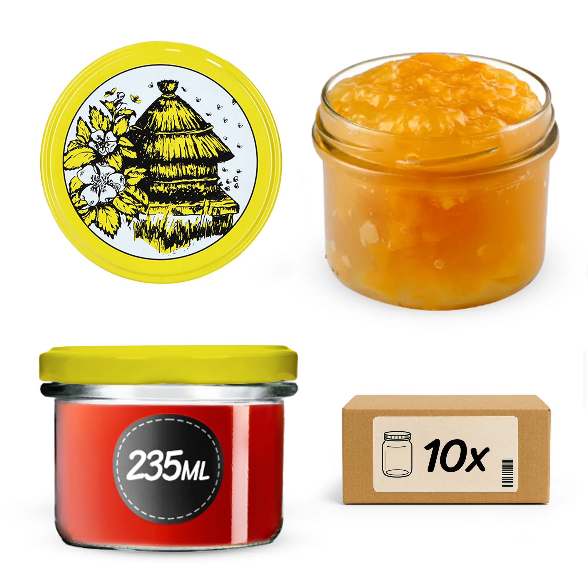 Tartu konservavimo stiklainiai 235 ml, 10 vnt., 82 mm + „Bitės“ dangteliai