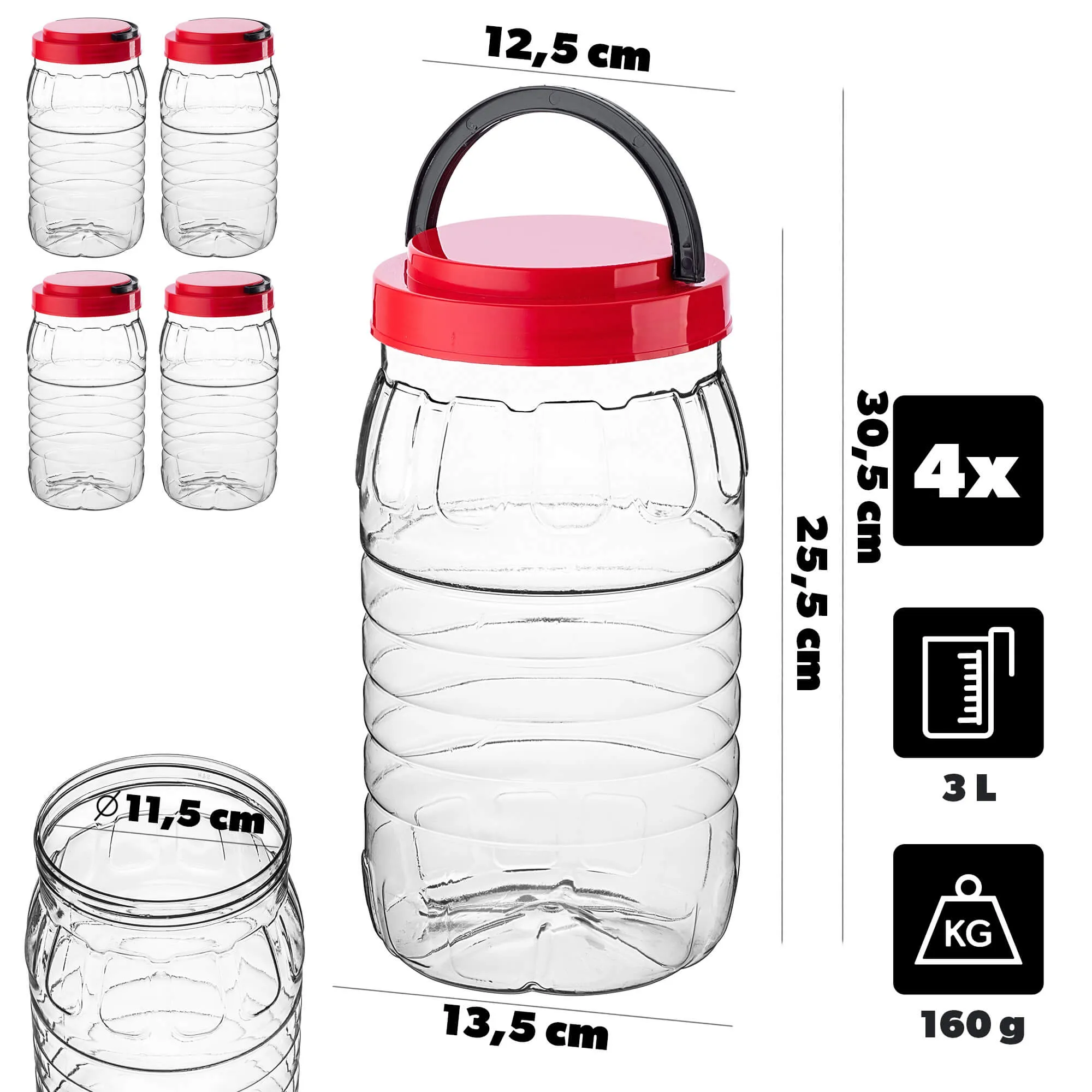 PET indeliai su užsukamu dangteliu ir rankena „Riccia universal“ 3 l, 4 vnt.