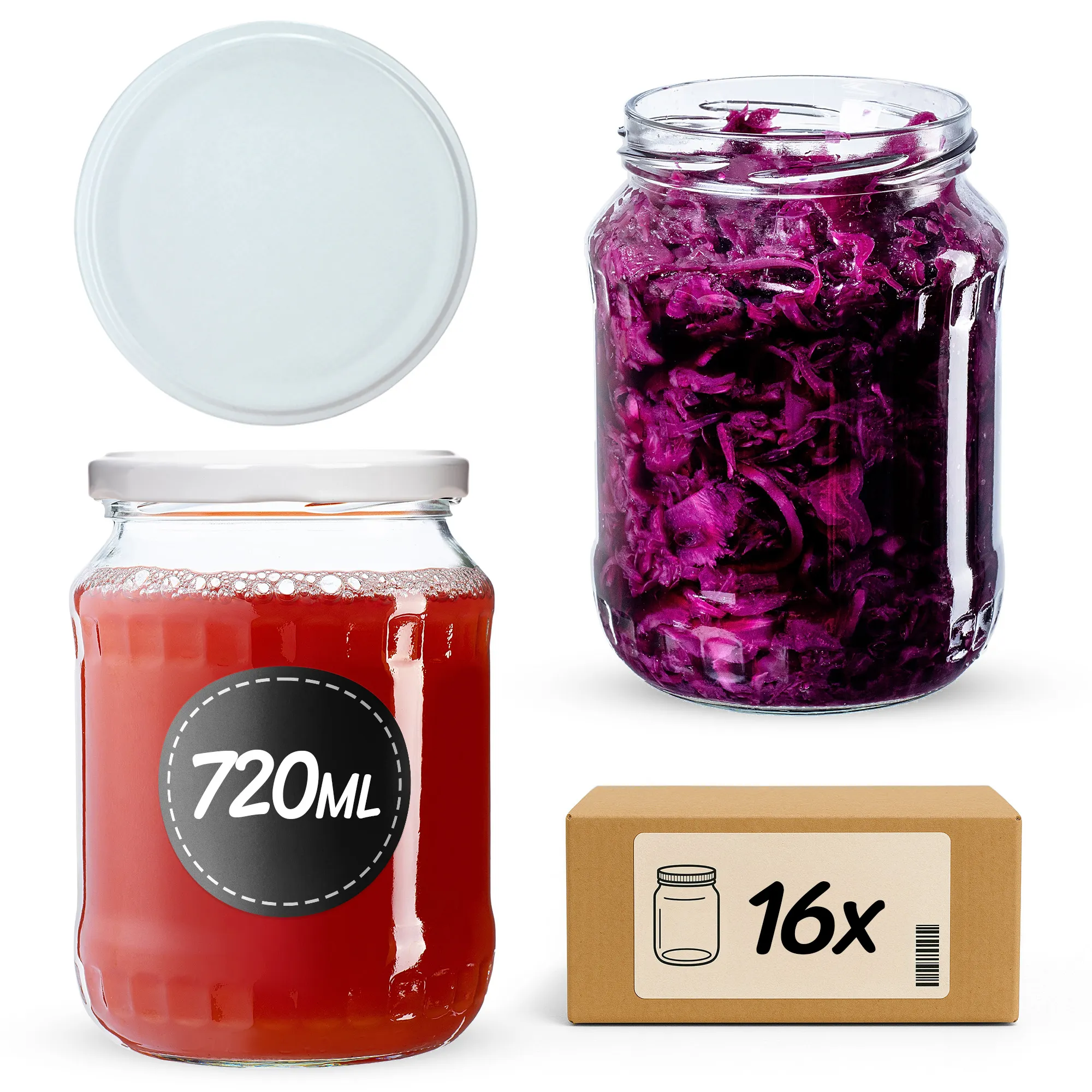 Jukka konservavimo stiklainiai 720 ml, 16 vnt., 82 mm + balti dangteliai