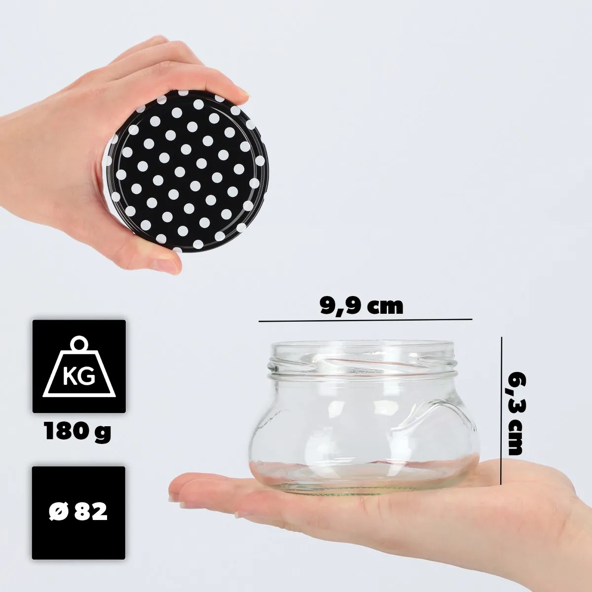 Raja konservų stiklainiai 300 ml 50 vnt. 82 mm + juodųjų žirnelių dangteliai