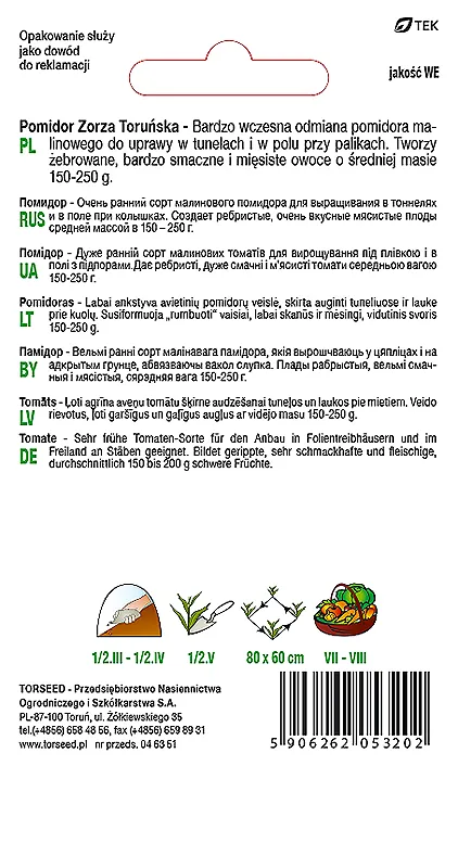 Aukštas pomidoras (pastogei ir augimui žemėje) Zorza Toruńska 0,5 g