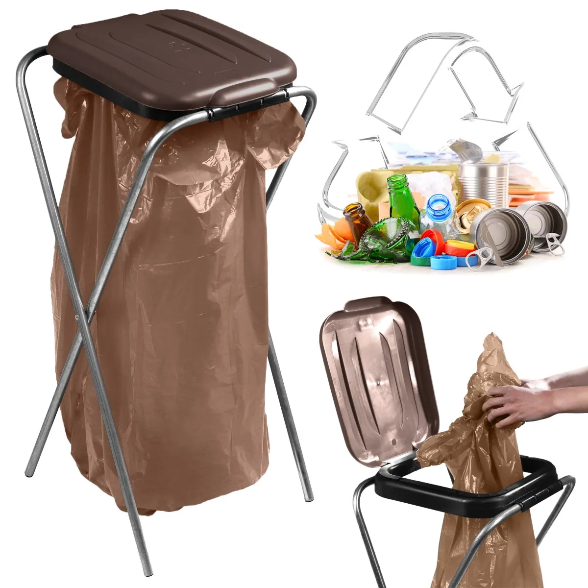 Bakel vienkartinių atliekų rūšiavimo maišų stovas, rudas