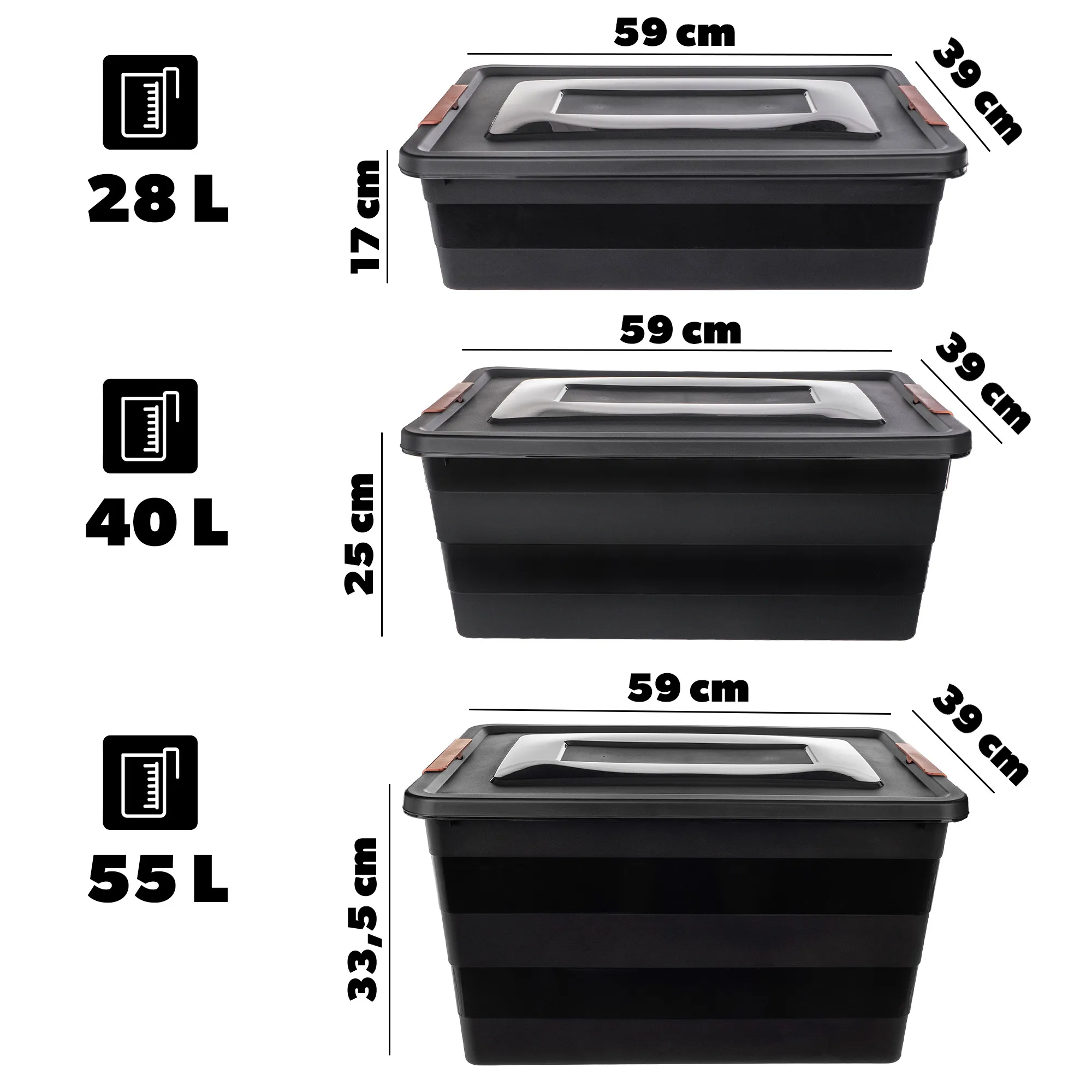 Laora žaislų laikymo rinkinys 28 l + 40 l + 55 l, juodas