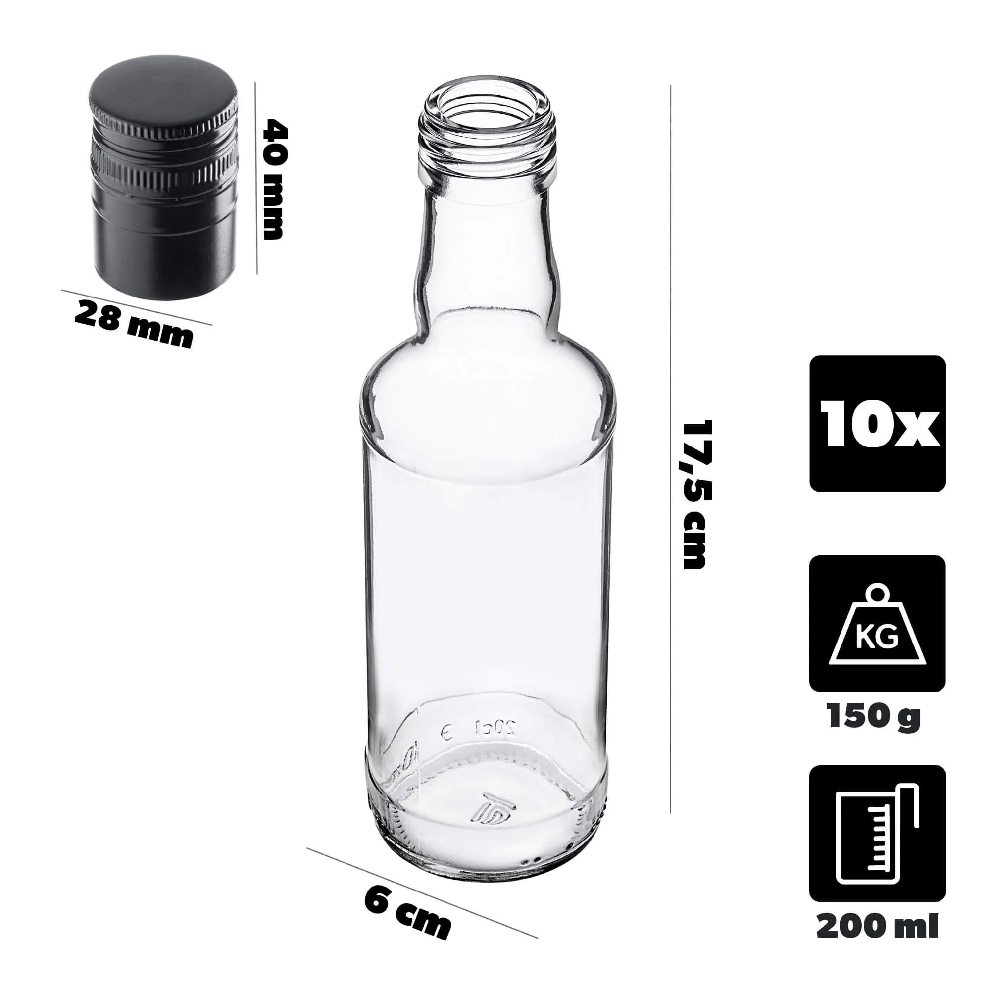 Monopol stiklinis butelis 200 ml su ilgu juodu dangteliu, 10 vnt.
