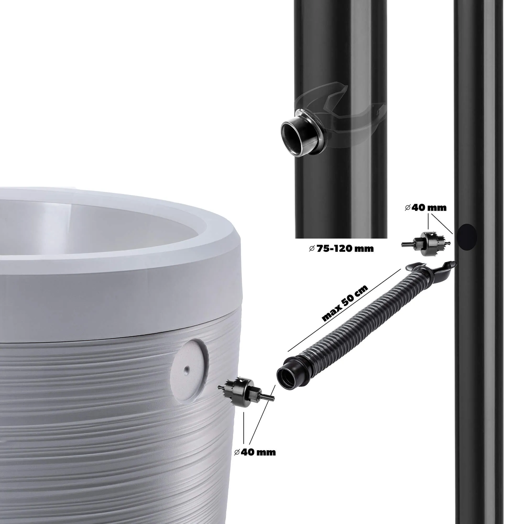 „Reveret“ 240 l lietaus vandens bakas su prijungimo komplektu, šviesiai pilkas, lygus