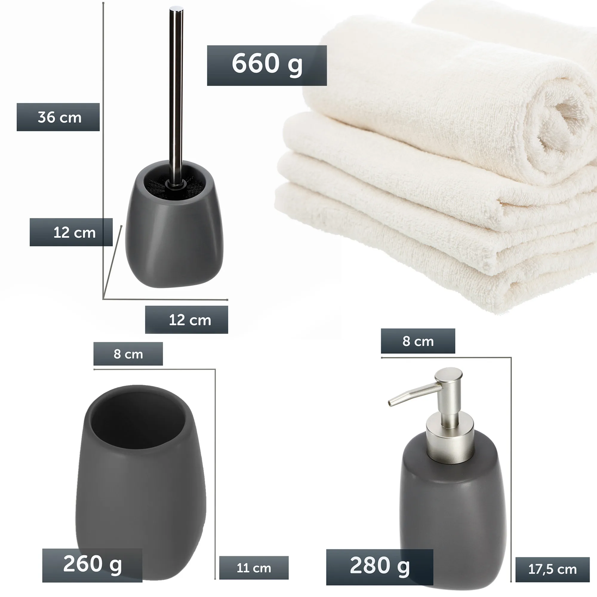 Vonios kambario komplektas: tualetinis šepetys + puodelis + dozatorius, pilkas