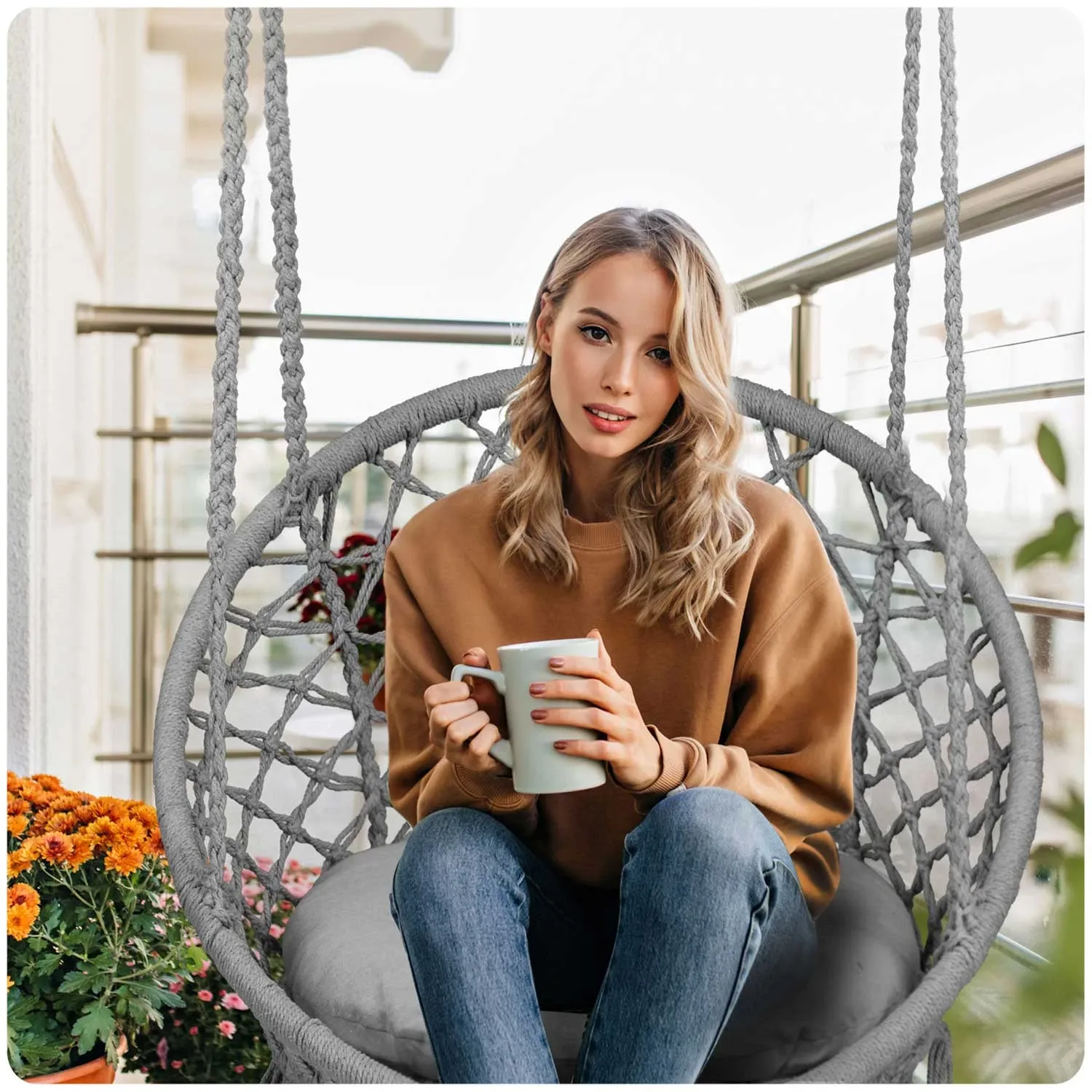 Pakabinamos sodo sūpynės BOHO pilkos + pagalvė - nuotrauka 1