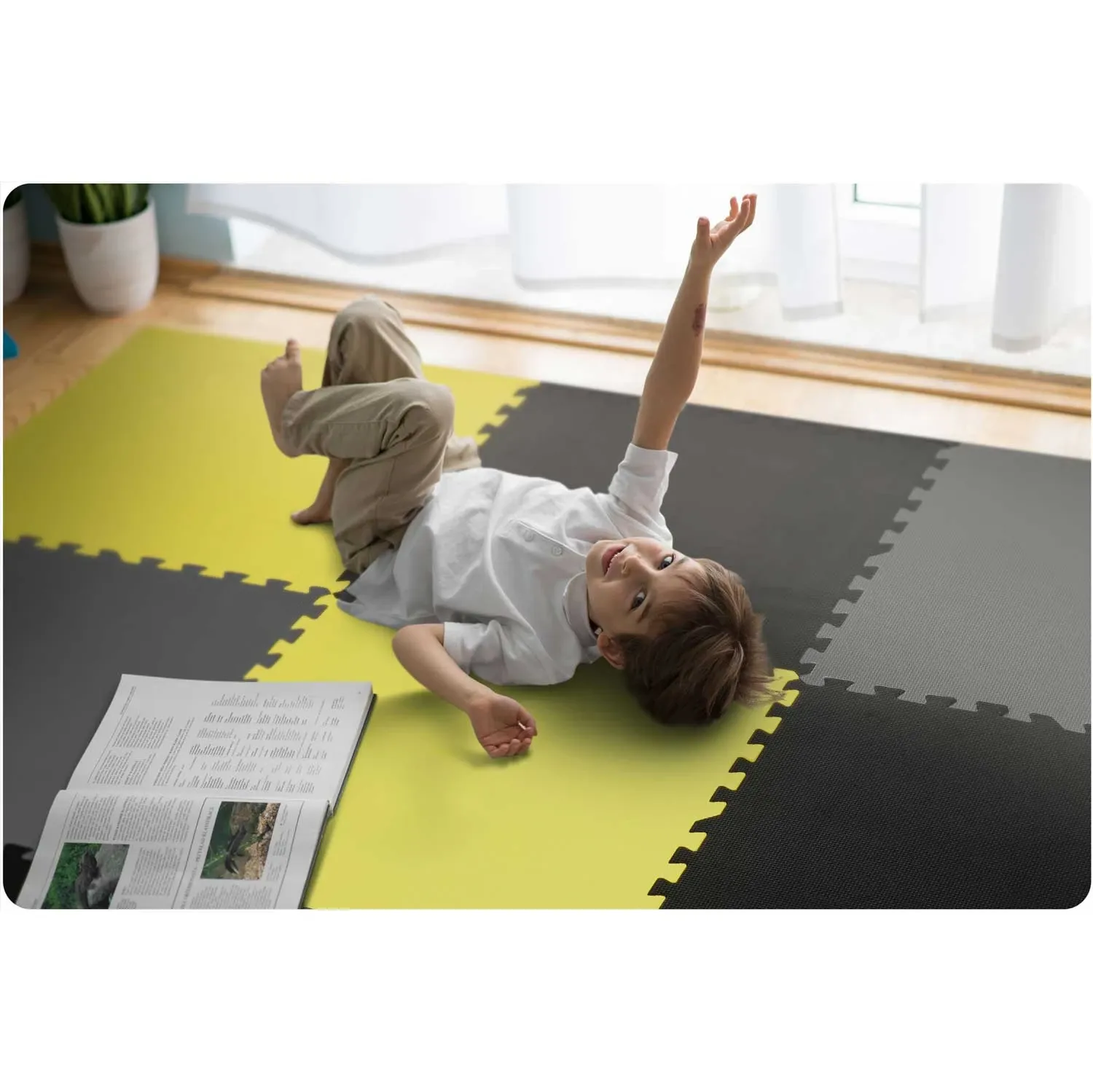 Putplasčio dėlionės kilimėlis 180x180cm 9 vnt. pilkai geltonas - nuotrauka 1