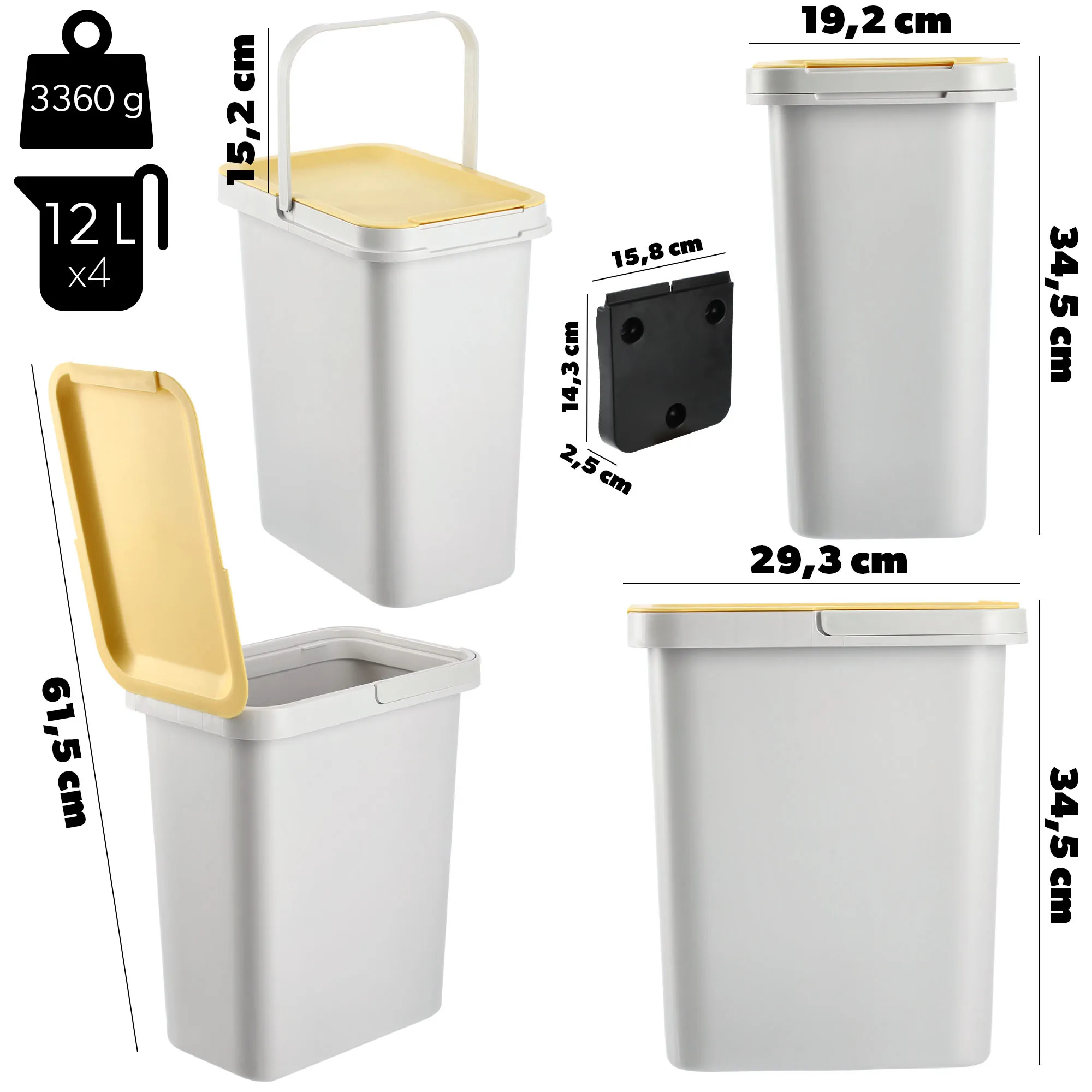 Rully šiukšliadėžė 4 x 12 l su tvirtinimo laikikliais
