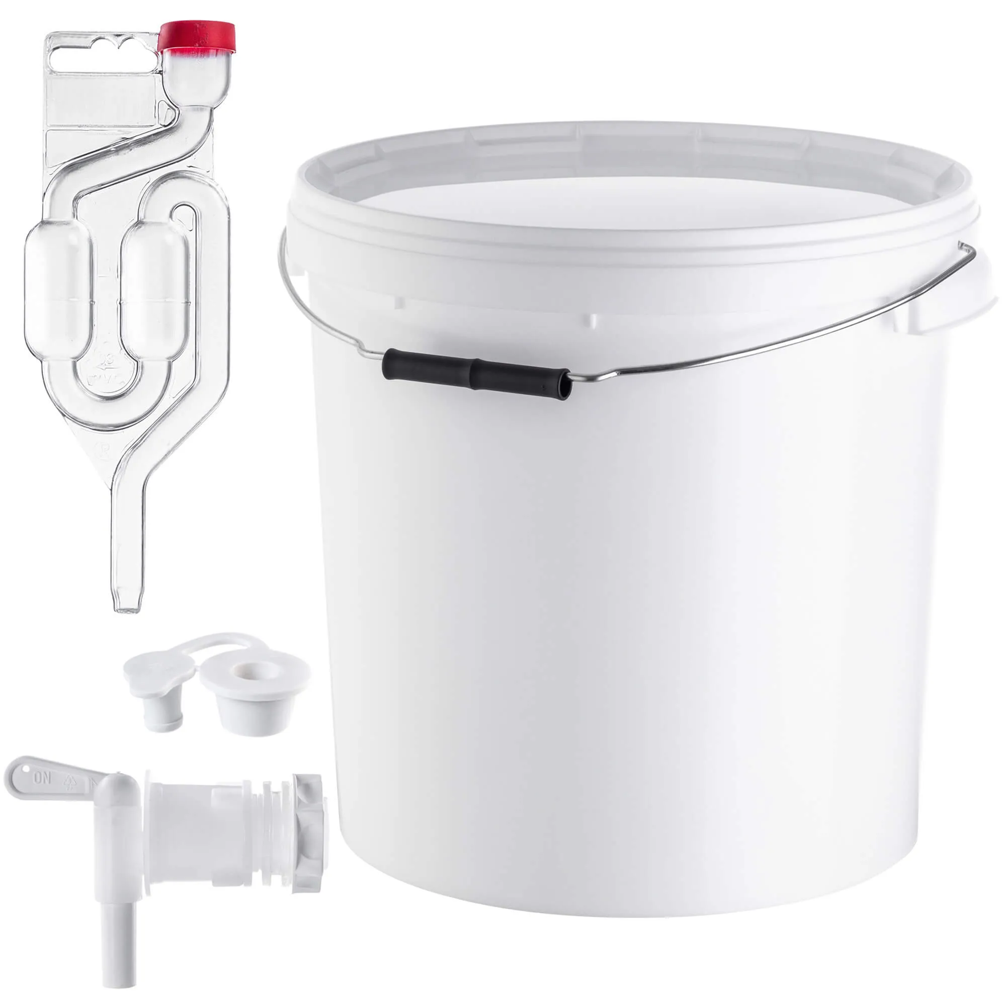 Acerra fermentacijos indas su dangčiu ir rankena, 20 l, baltas + čiaupas + kamštis + fermentacijos šliuzas