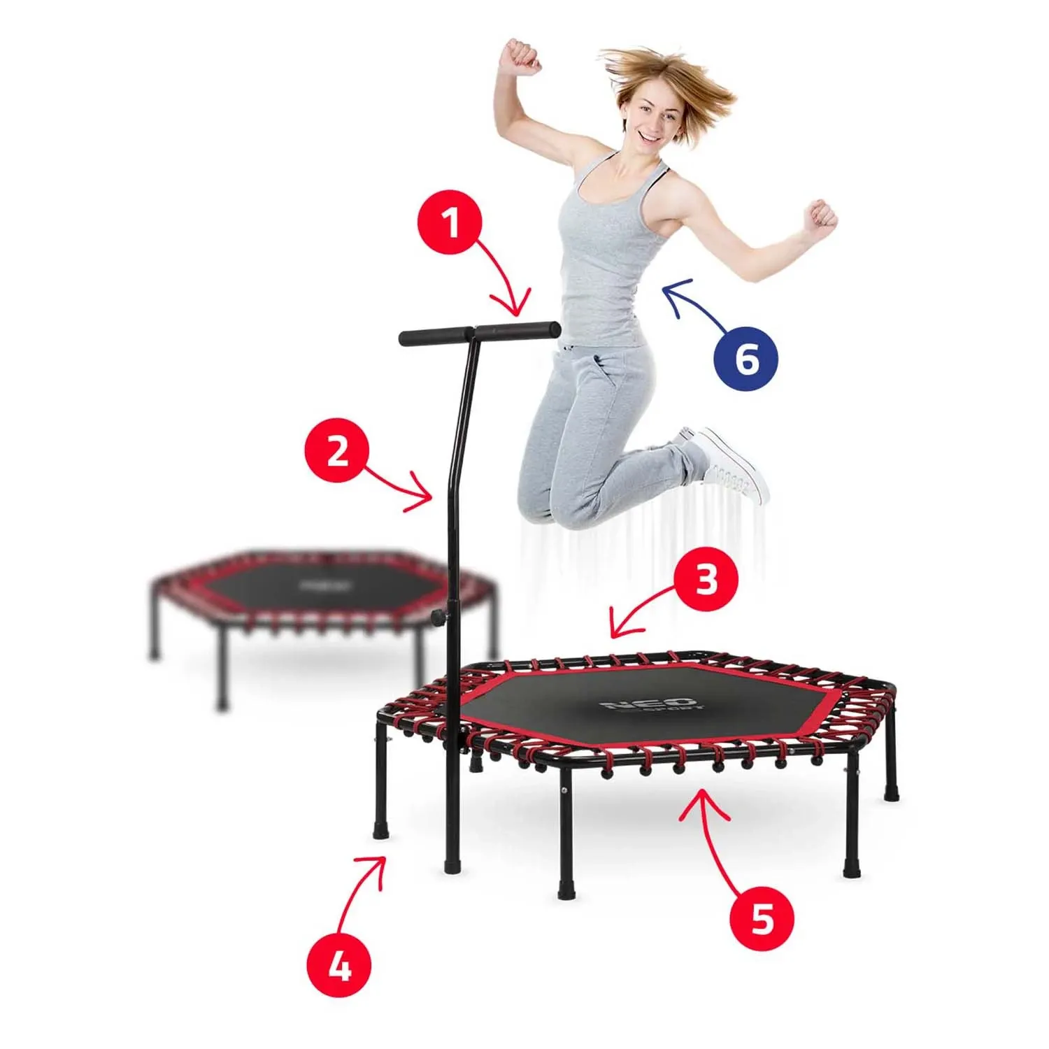 „Neo-Sport Fitness“ batutas su rankena, 127 cm – šešiakampis, raudonas - nuotrauka 1