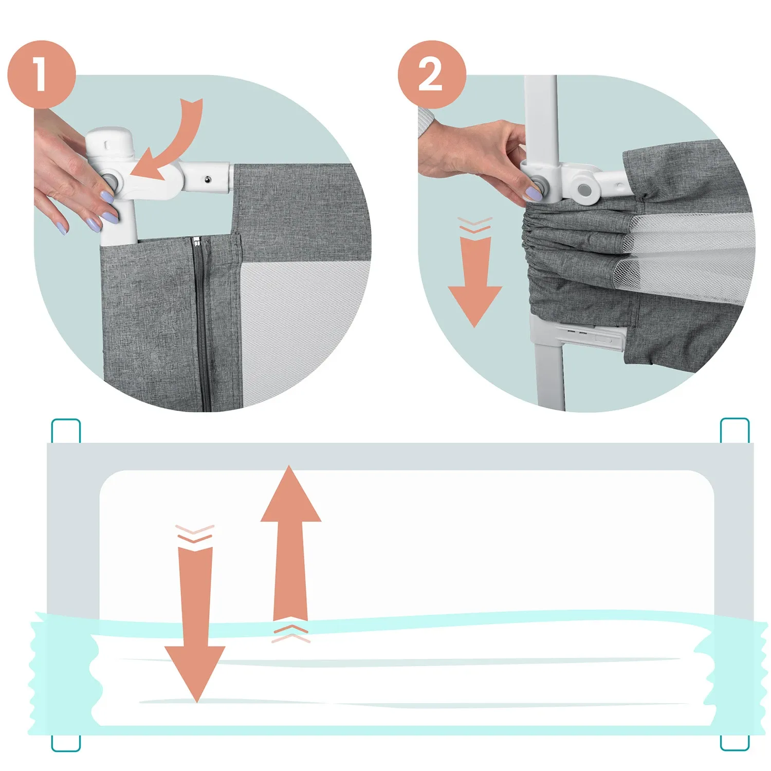 Lovos apsauginis turėklas, apsauginiai varteliai, spyna, 200 cm, Nukido NK-227, pilkas - nuotrauka 1