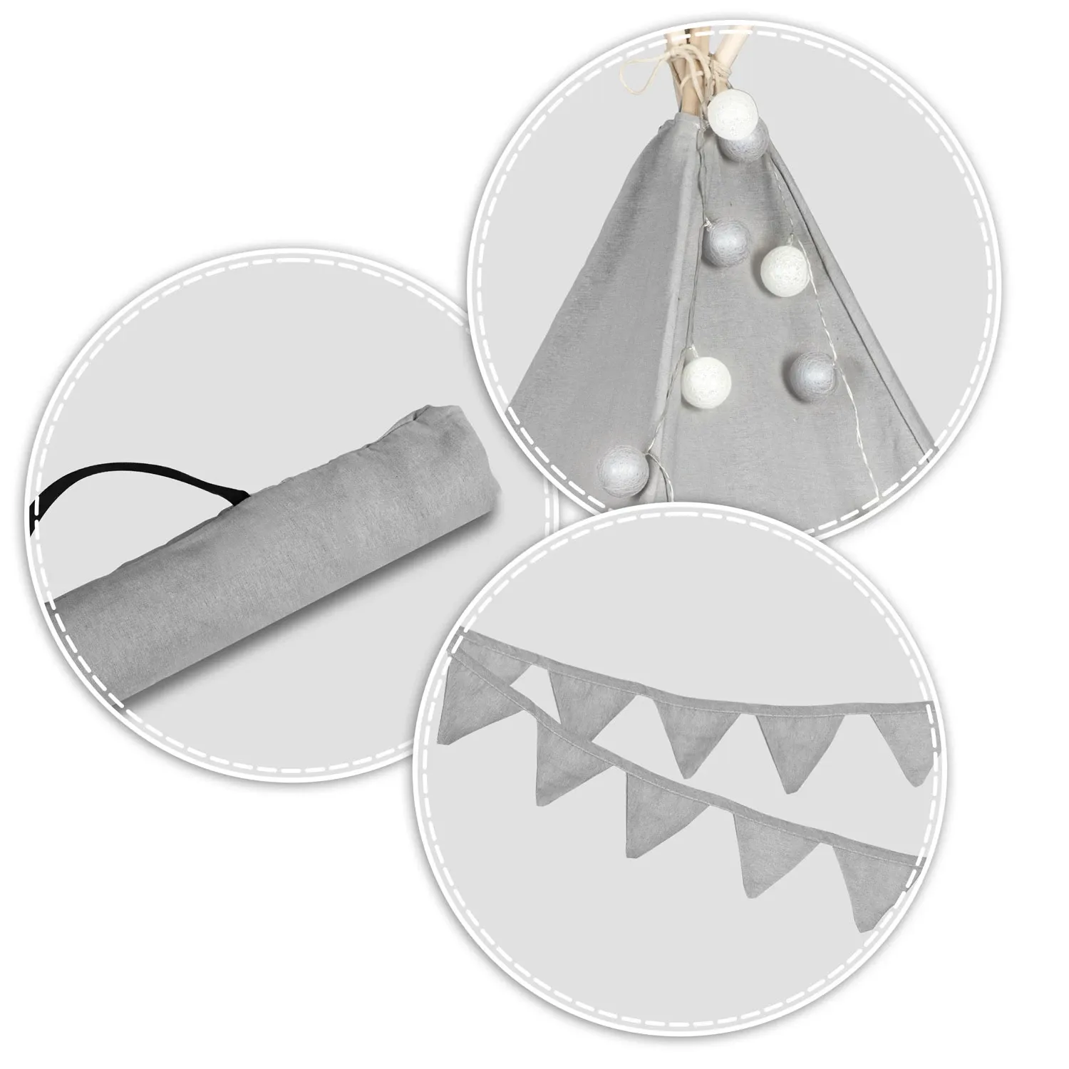 Vaikiška tipi palapinė su girlianda ir lemputėmis - pilka - nuotrauka 1