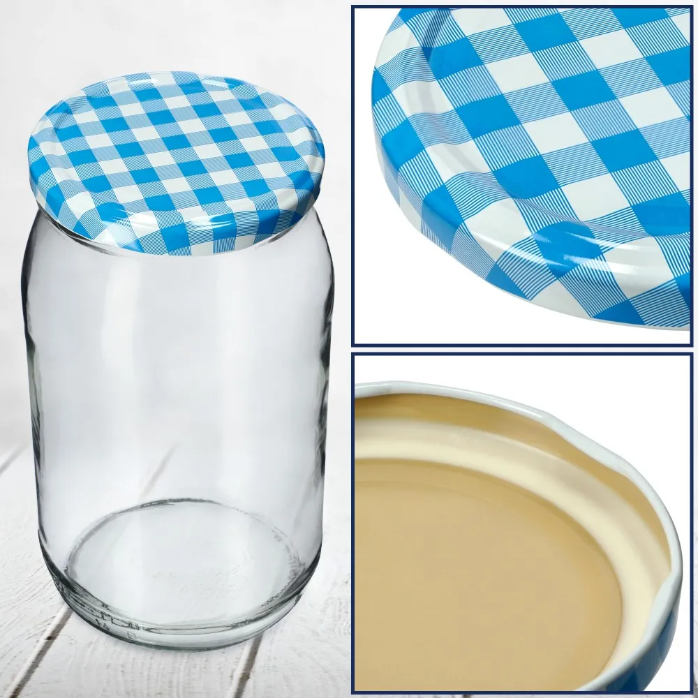Metaliniai dangteliai Virbo stiklainiams, 10 vnt., 82 mm skersmens, „Blue Grid“