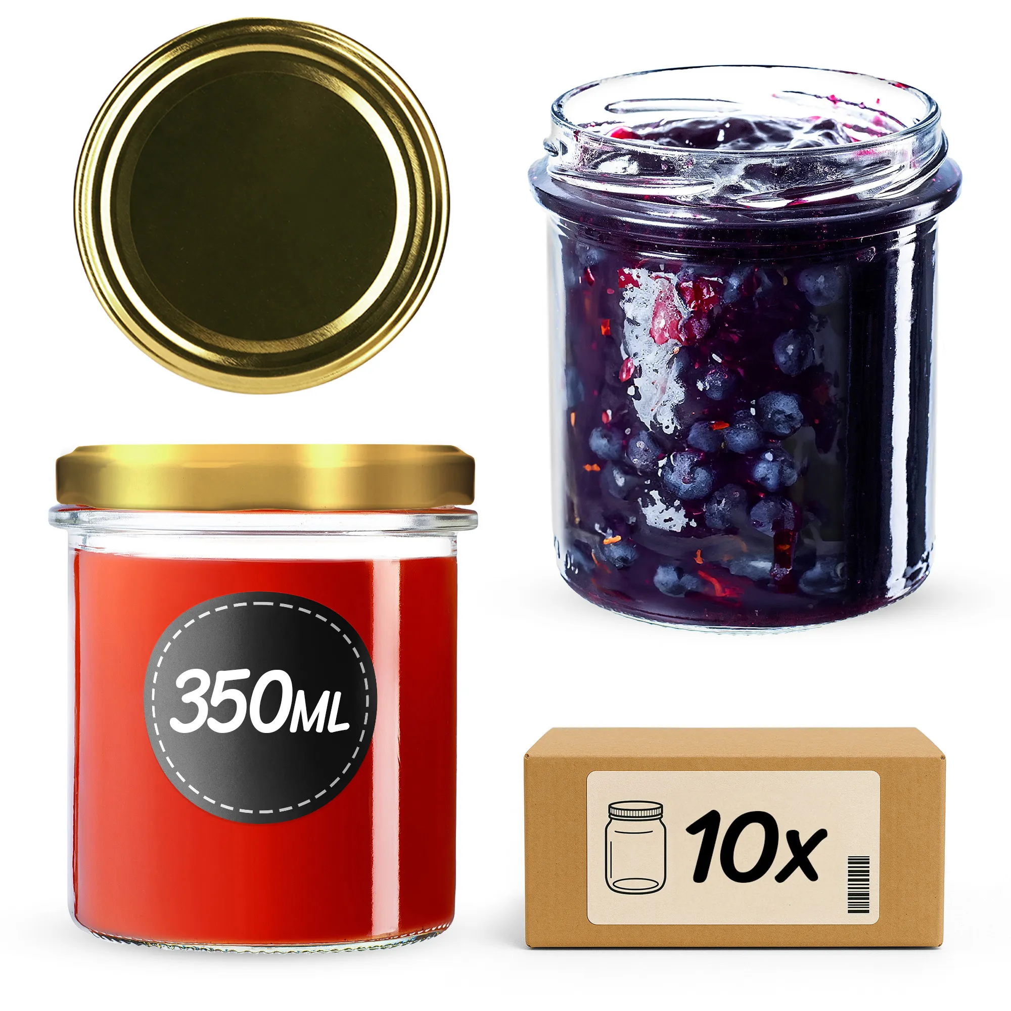 Avila konservavimo stiklainiai 350 ml, 10 vnt., 82 mm + auksiniai dangteliai