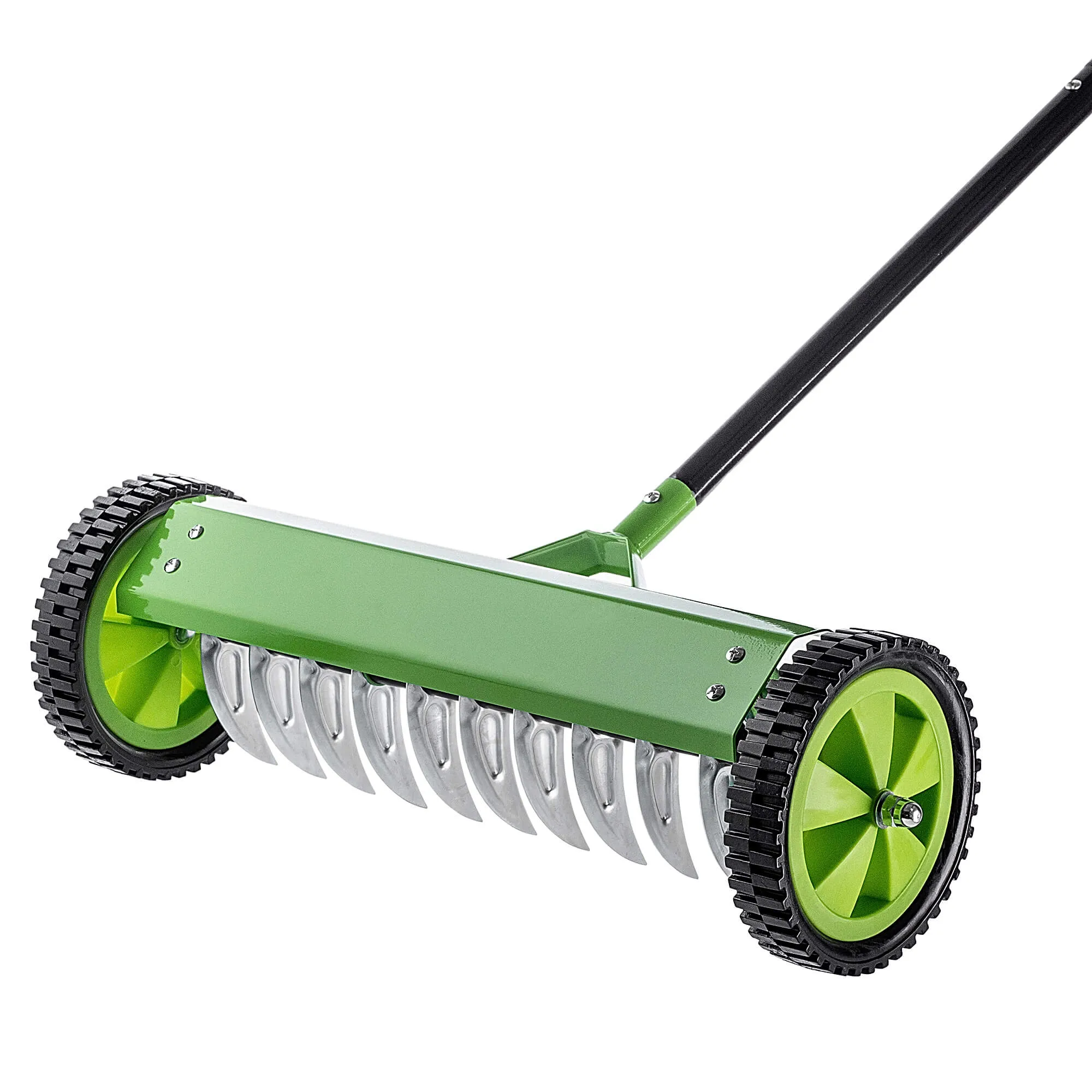 Rovigo vienpusis rankinis vejos aeratorius ant ratukų, 130 x 48 cm, žalias