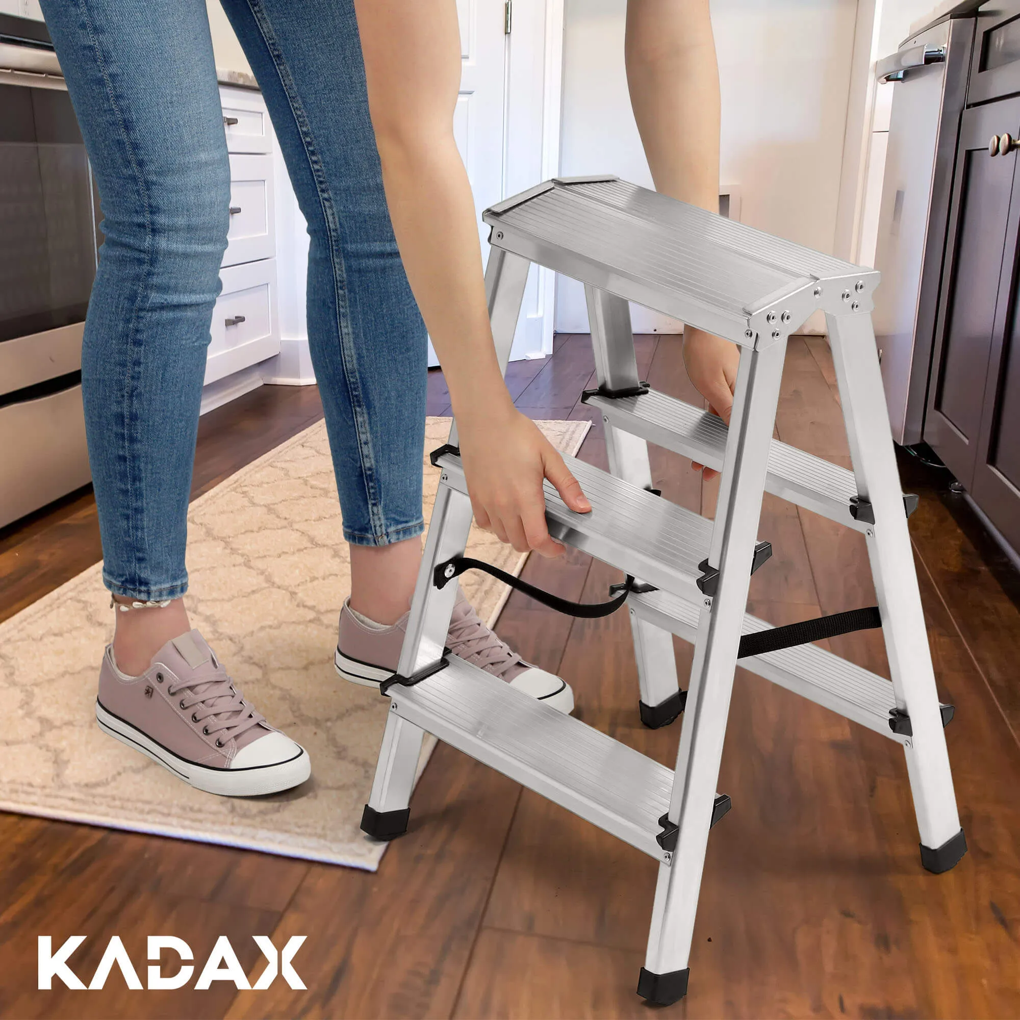 Musko aliuminio kopėčios su platforma, 3 pakopų, 125 kg