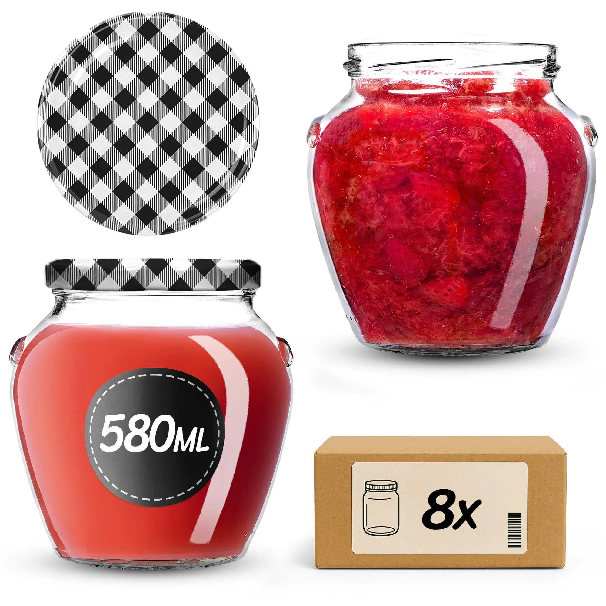 „Sassa“ konservavimo stiklainiai, 580 ml, 8 vnt., 82 mm, + juodi tinklelio dangteliai