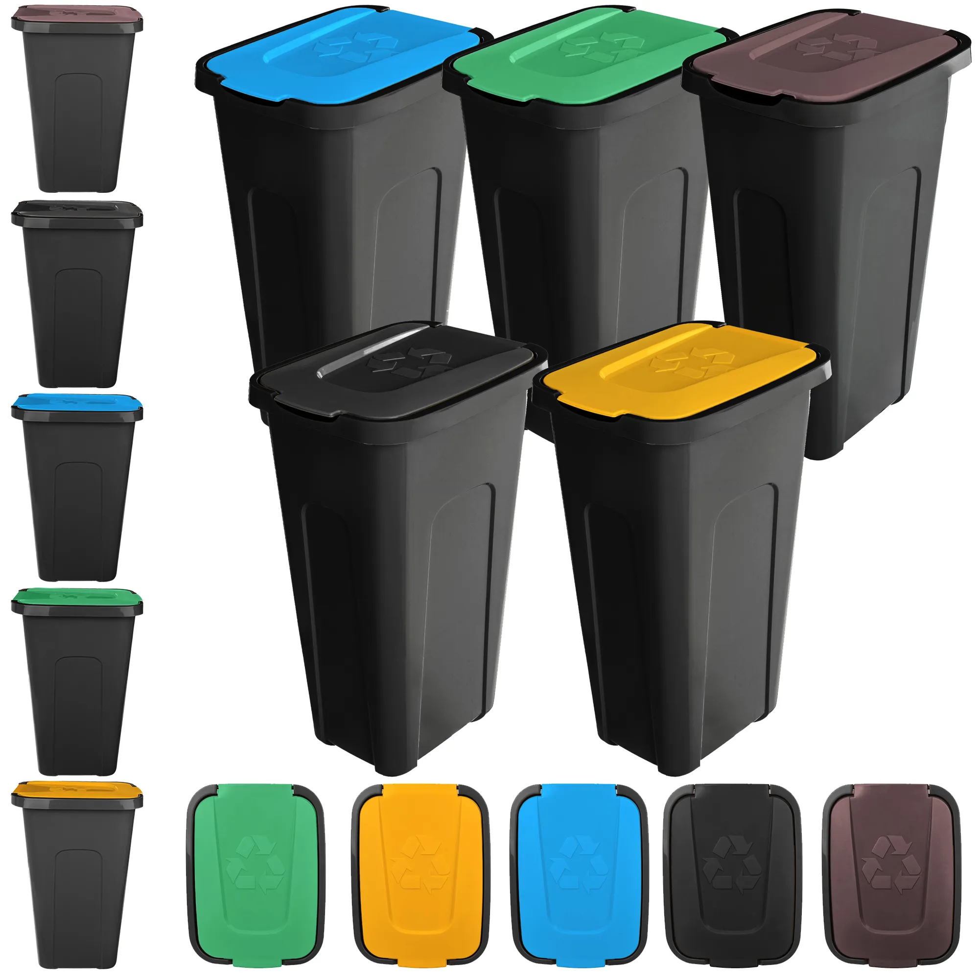 „Entrago“ 30 litrų šiukšliadėžių komplektas, ruda + žalia + mėlyna + geltona + juoda